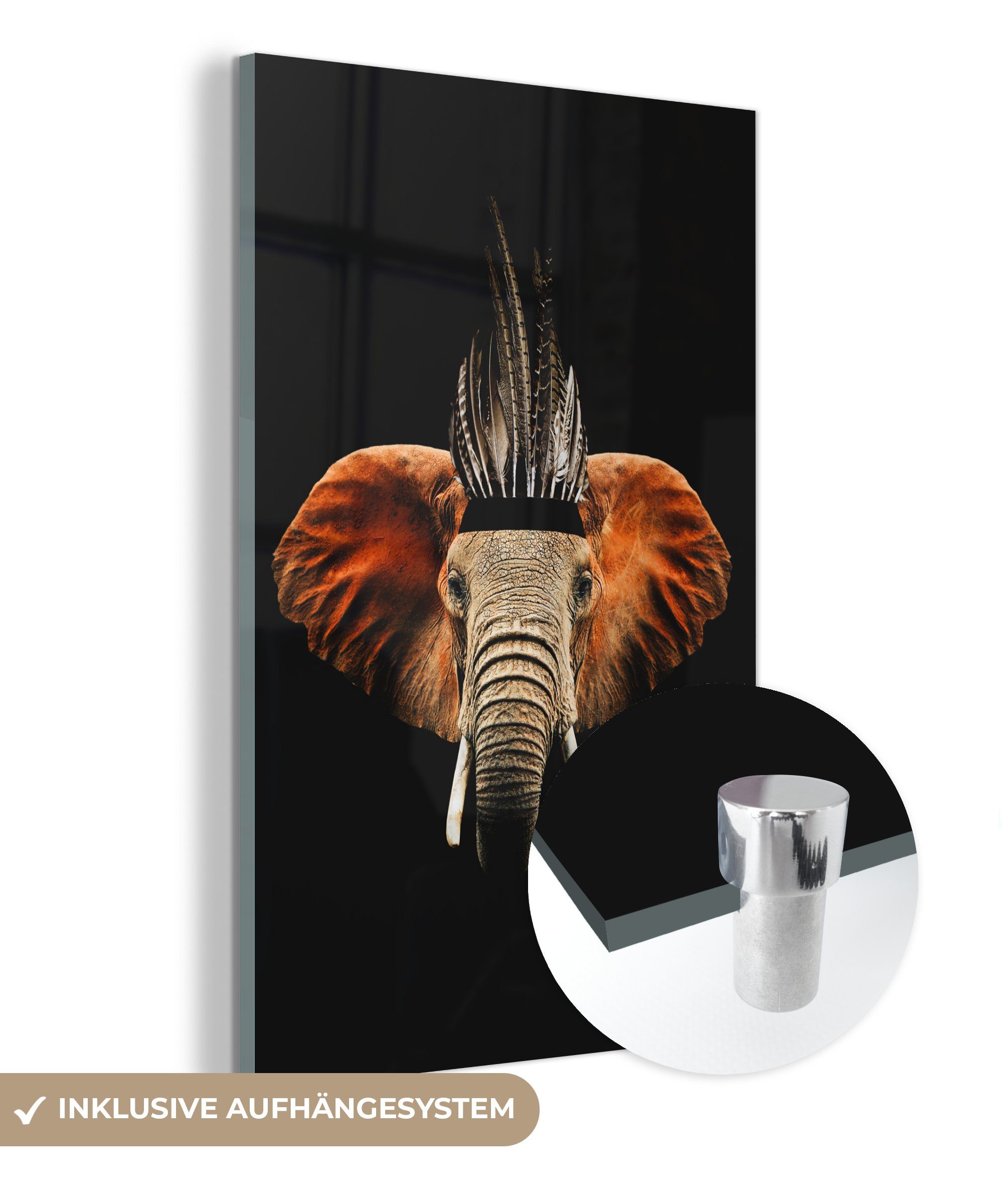 (1 Bilder - - Glas - Kopfschmuck, Elefant Wanddekoration Schwarz Foto MuchoWow - Acrylglasbild St), Indischer Glasbilder Wandbild Glas auf bunt auf -