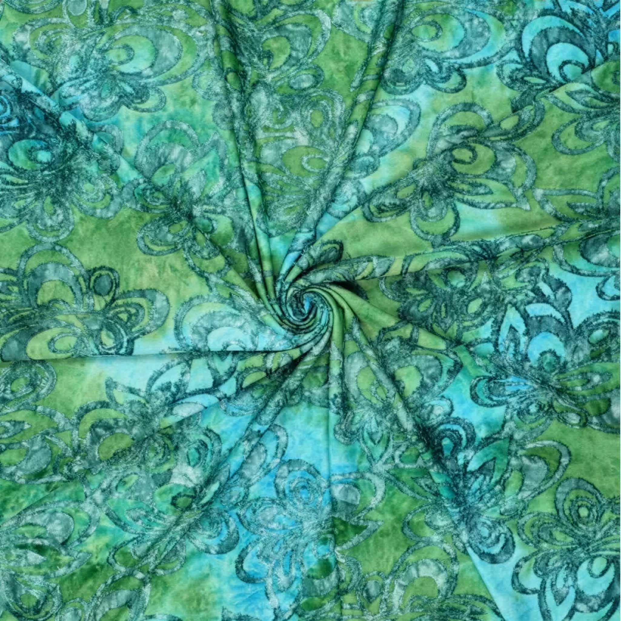 maDDma Stoff Batikstoff Grün Ausbrenner Floral Elasthan Jersey 1/2 Meterware