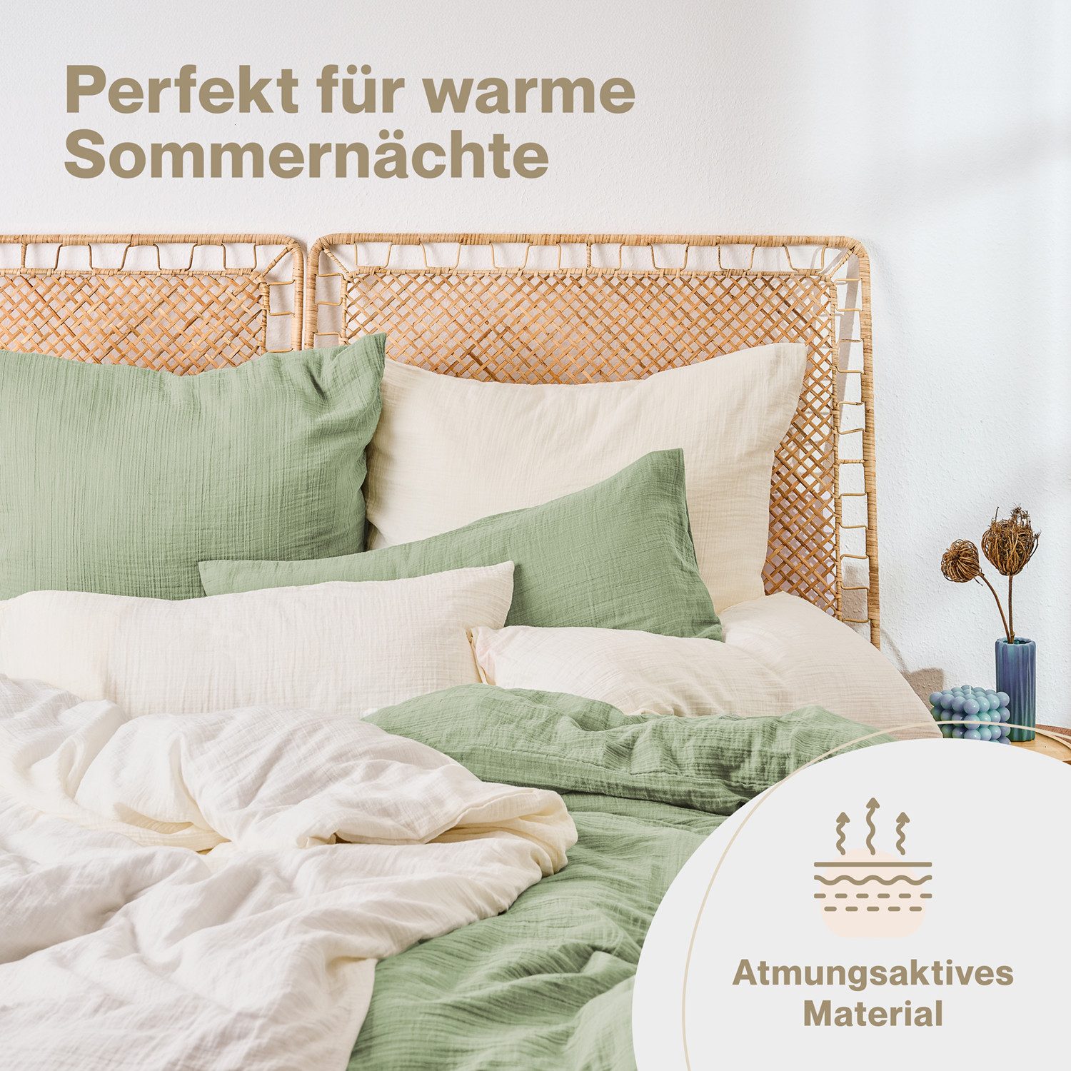 Blumtal Bettwäsche Musselin 100% Baumwolle im Set, Kopfkissenbezug & Deckenbezug, 2 teilig