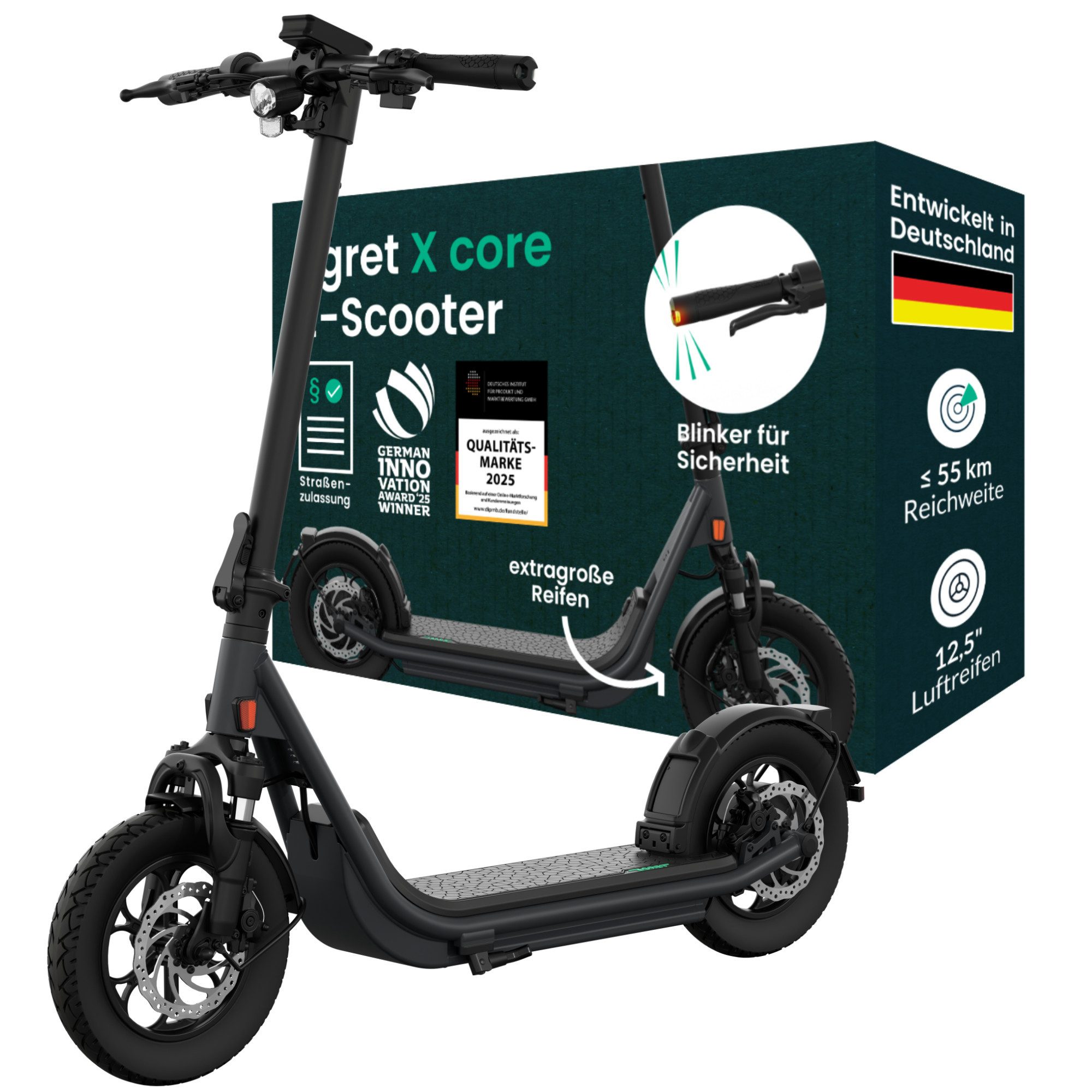 Egret E-Scooter X-Serie (core/prime/ultra) 12,5", FEDERUNG, BLINKER, ≤90 KM Reichweite, 500 W, 20 km/h, mit Straßenzulassung, ≤130kg Zuladung, App, Offroad