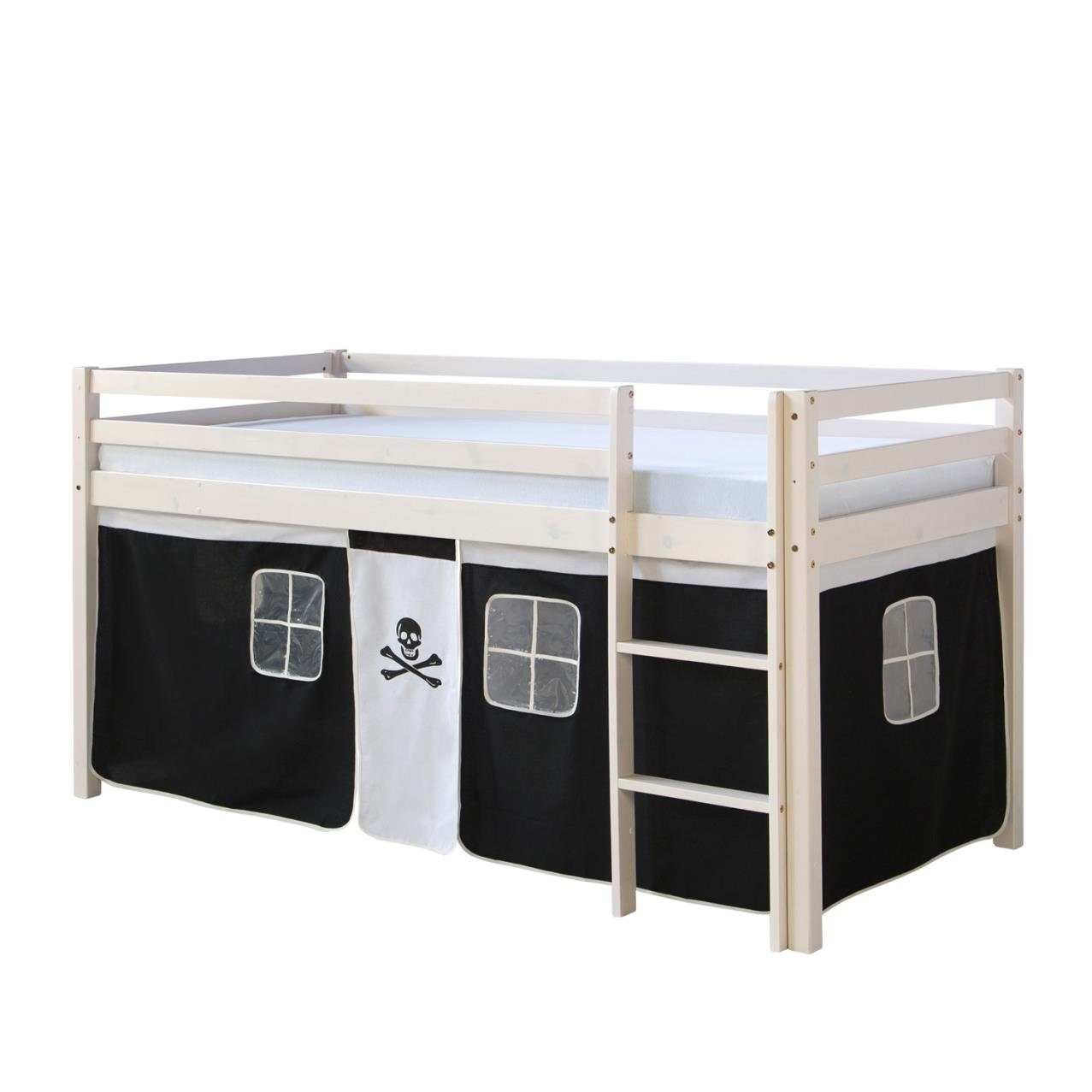 Homestyle4u Hochbett 90x200 mit Vorhang Lattenrost Matratze in Weiß Pirat 2 günstig online kaufen