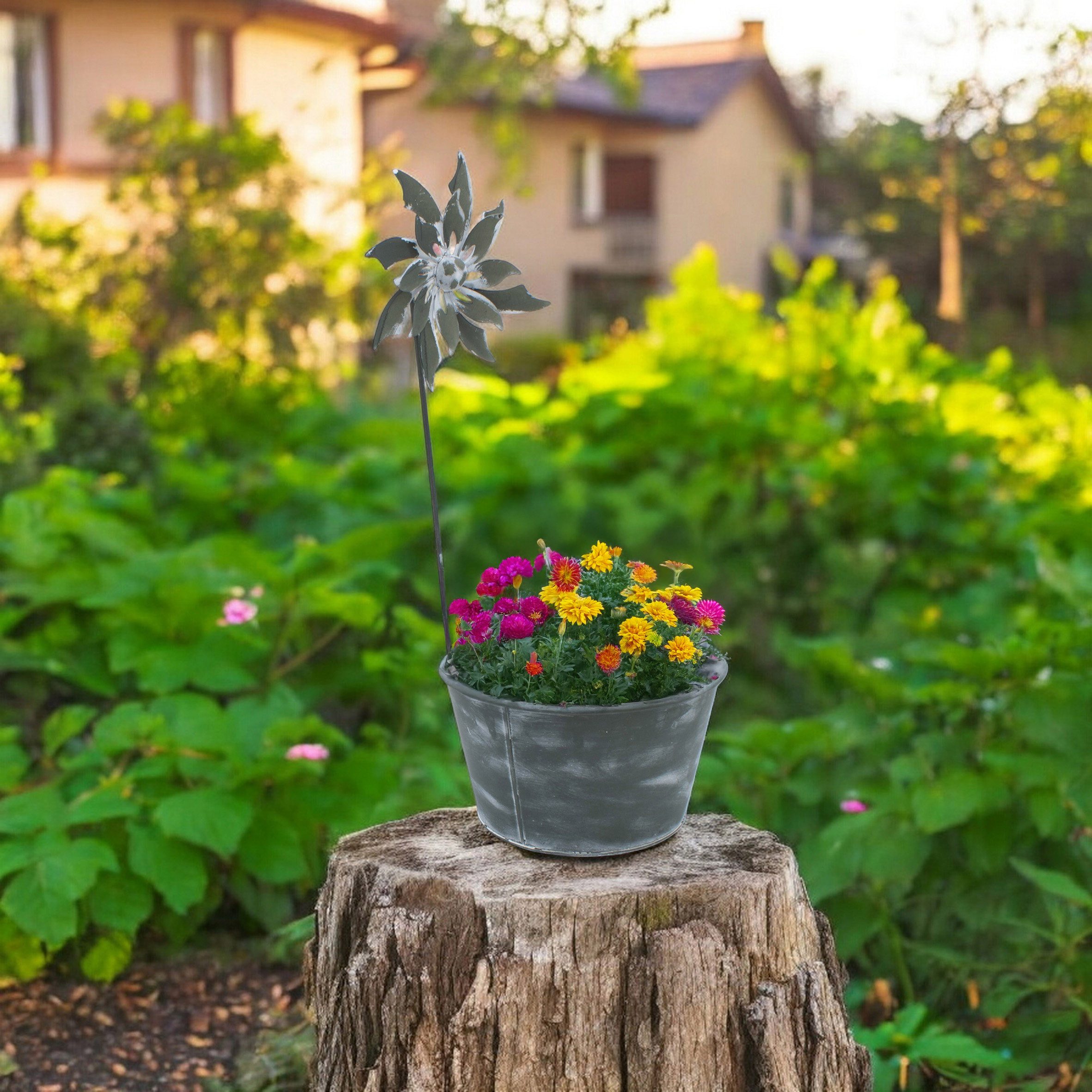 Spetebo Pflanzschale Metalleimer mit Deko Windmühle - 55 x 25 cm (Anzahl, 1 St., Stück), robust und wetterfest
