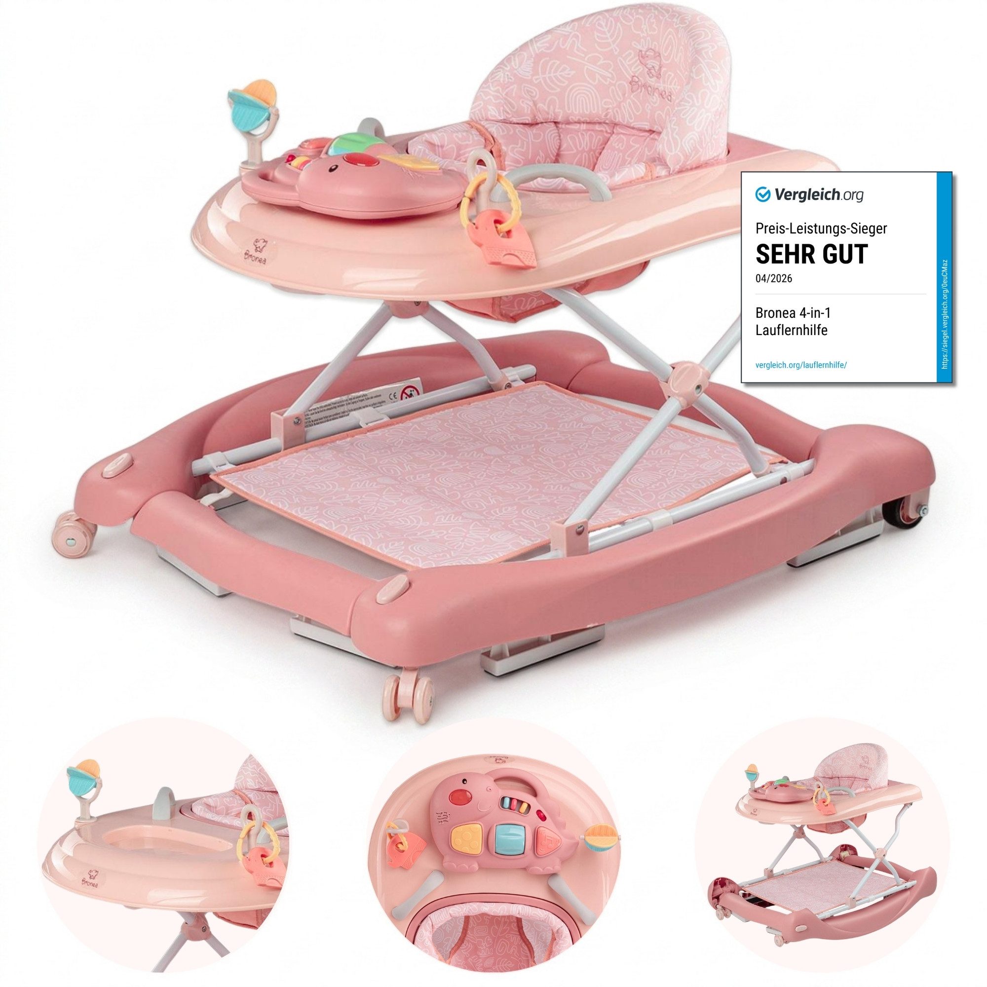 Bronea Lauflernhilfe Happy Life 5-in-1 Babywalker Gehfrei Lauflernwagen Schaukel Wippe, Ausnehmbaren Sitz, Im nu zum Schaukel, Widerstand Reifen einstellbar