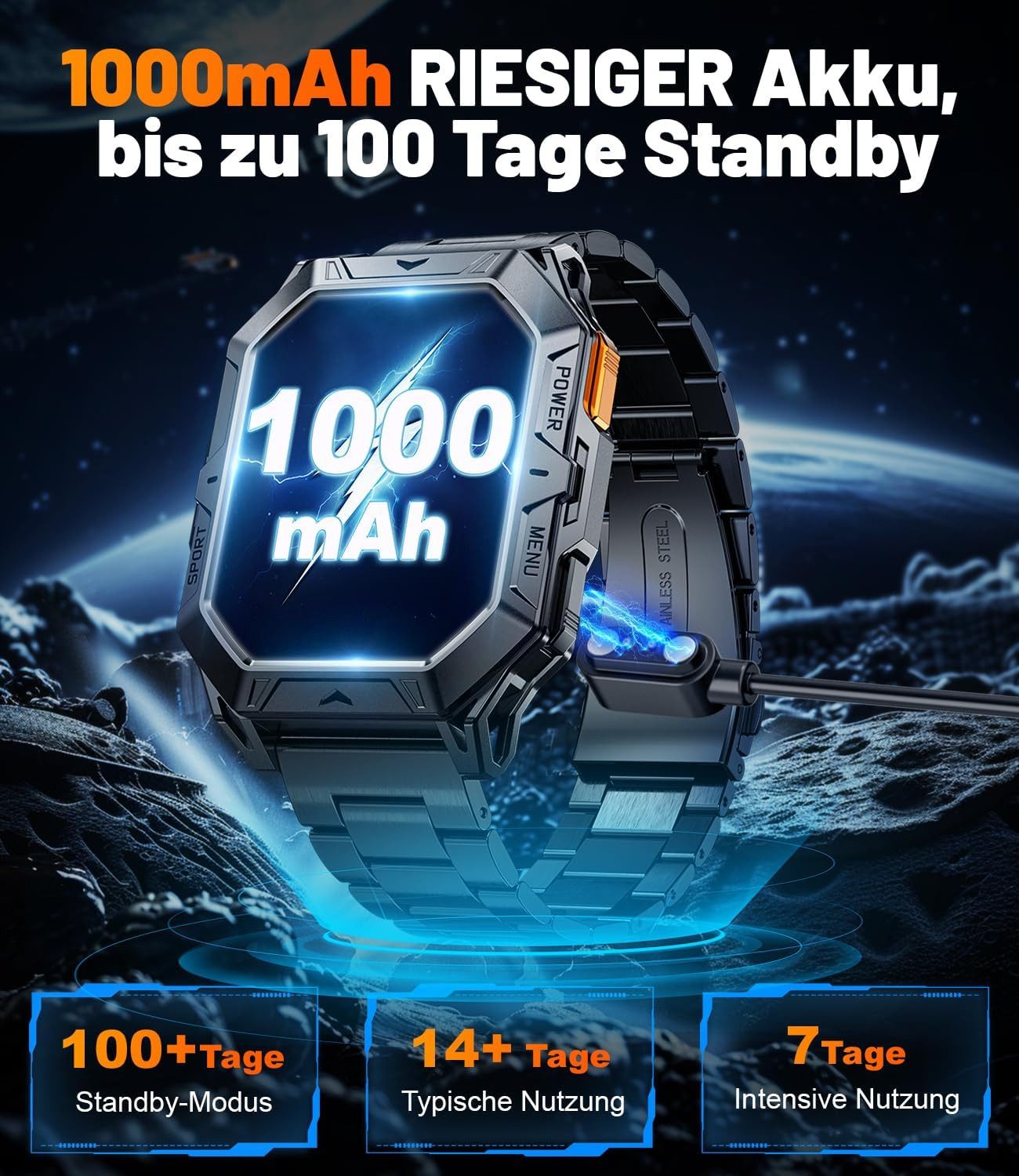 Lige Herren"s Militärisches Wearable;mit AMOLED Display & Bluetooth Anrufen Smartwatch (5,4 cm, Android iOS), Robustes Armbandgerät mit langer Akkulaufzeit und Gesundheitsmonitor