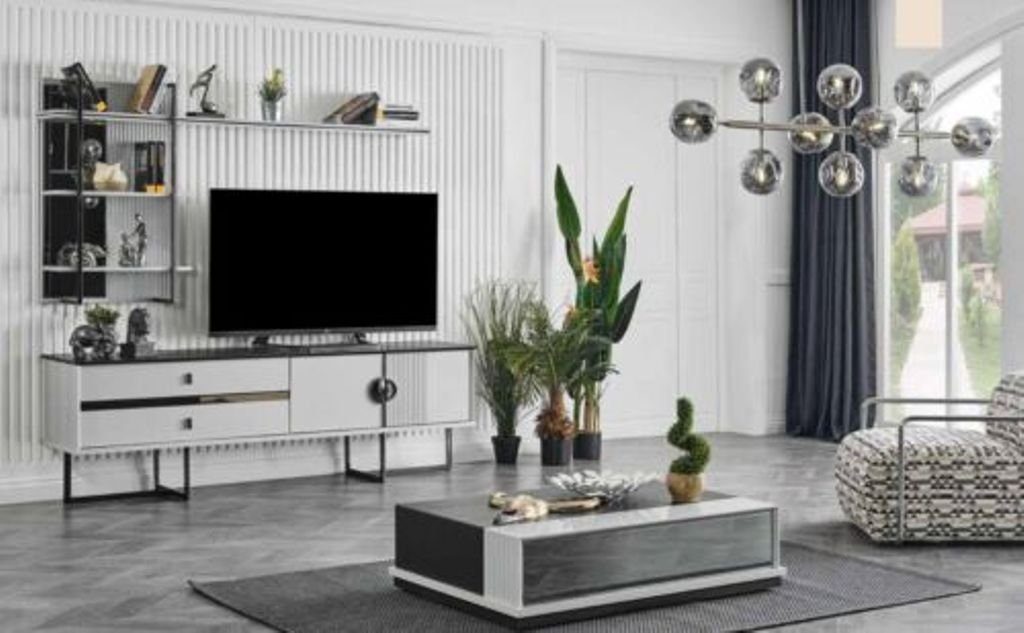 JVmoebel Wohnzimmer-Set Wandgerät rtv tv Ständer niedriges Sideboard + weißer Couchtisch, (2-St)