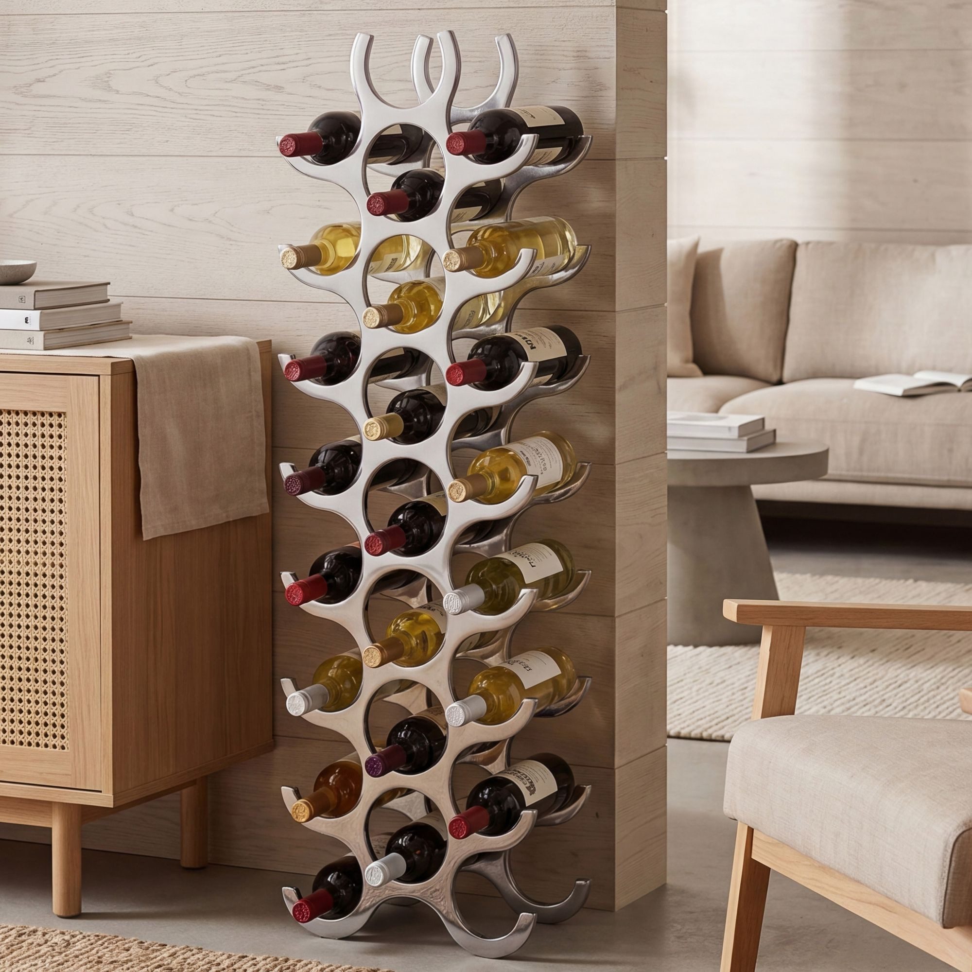 FINEBUY Weinregal FB37848 Design Alu Flammen 93 cm Regal Flaschenregal 27 Flaschen, Aluminium Silber 31x98x14 cm 27 Flaschen modern, Flaschenregal Flaschenhalter Regal Flaschenständer