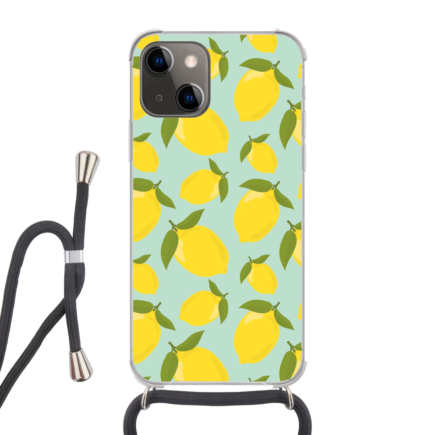 MuchoWow Handyhülle für Apple iPhone 13 Mini Muster Zitronen - Gelb - Blau - Muster - Früc, Tragbare Handyhüllen mit Kette zum umhängen, Handykette Handyband