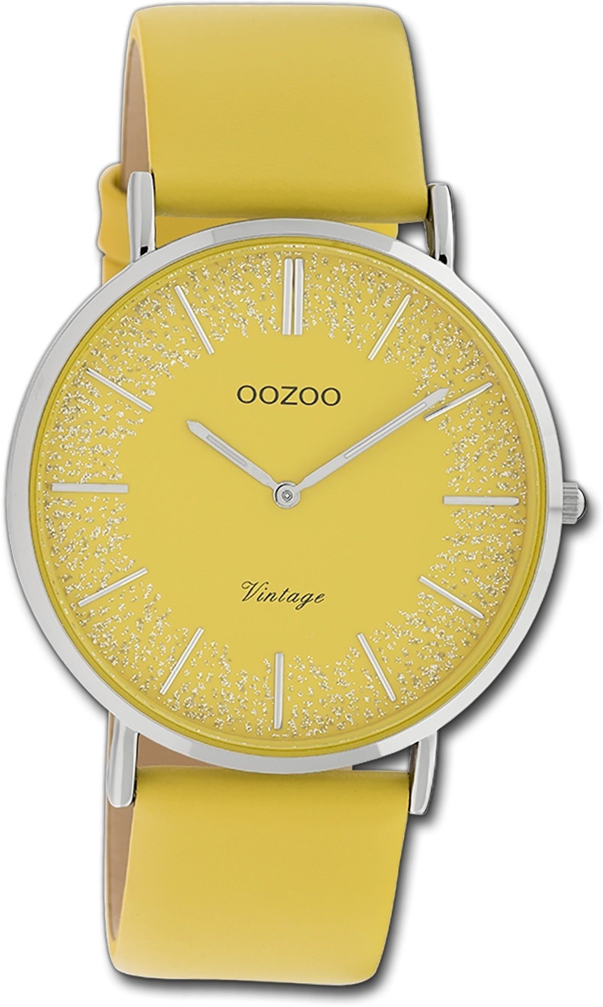 OOZOO Quarzuhr Oozoo Damen Armbanduhr Ultra Slim, Damenuhr Lederarmband gelb, rundes Gehäuse, groß (ca. 40mm)
