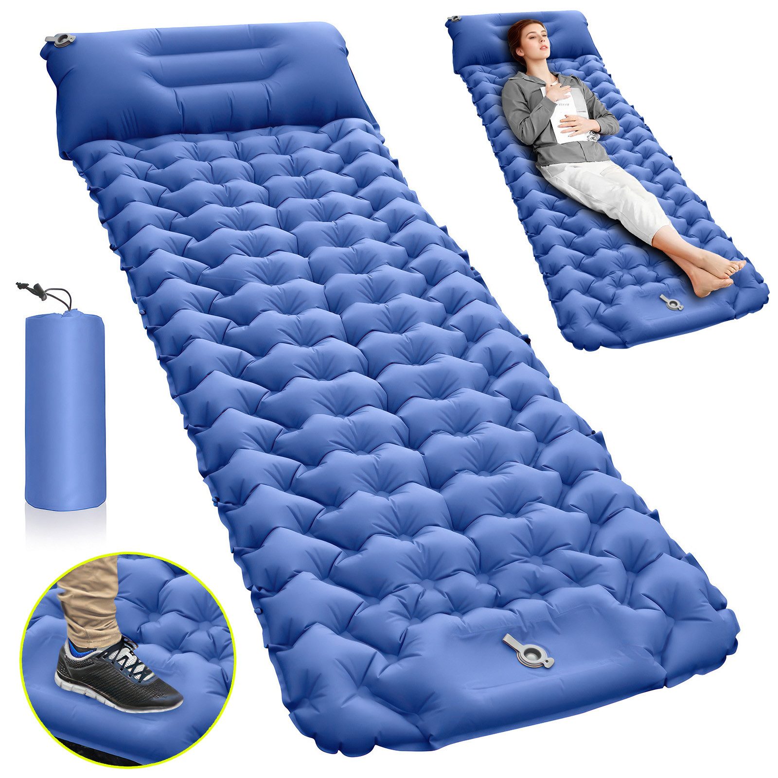 BlingBin Isomatte Camping Matratze Selbstaufblasend, Outdoor Campingmatte mit Fußpumpe, (Ultraleicht Faltbare Feldbett mit Kissen, Wasserdicht Feuchtigkeitsdichte Schlafmatte, 1-tlg., 193*68*8cm, Isomatte aus 40D Nylon & TPU-Beschichtung), Rreißfeste Aufblasbare Luftmatratze für Wandern, Reisen, Blau