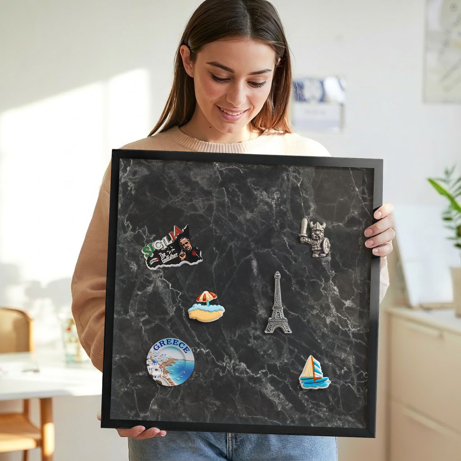 Tulup Magnettafel Dekorative Magnettafel mit Rahmen für Büro und Arbeitszimmer, Schwarzer Marmor, Schwarz