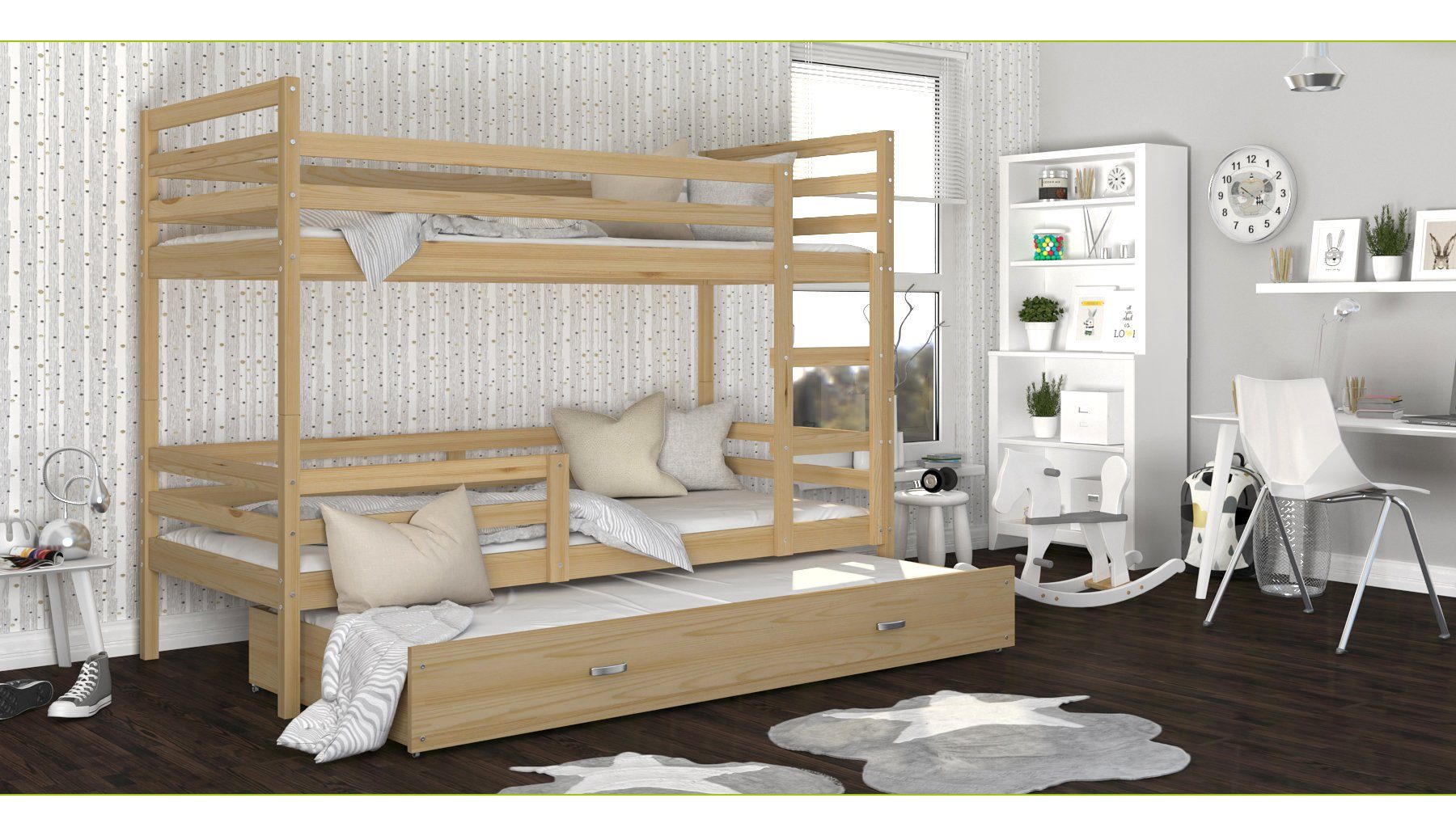 Bett (Flexibler Kinderbett Jerry Schublade, Sicherheitsbarriere), Möbelplatte Massivholz, Kiefer Lattenrost, 3 Siblo