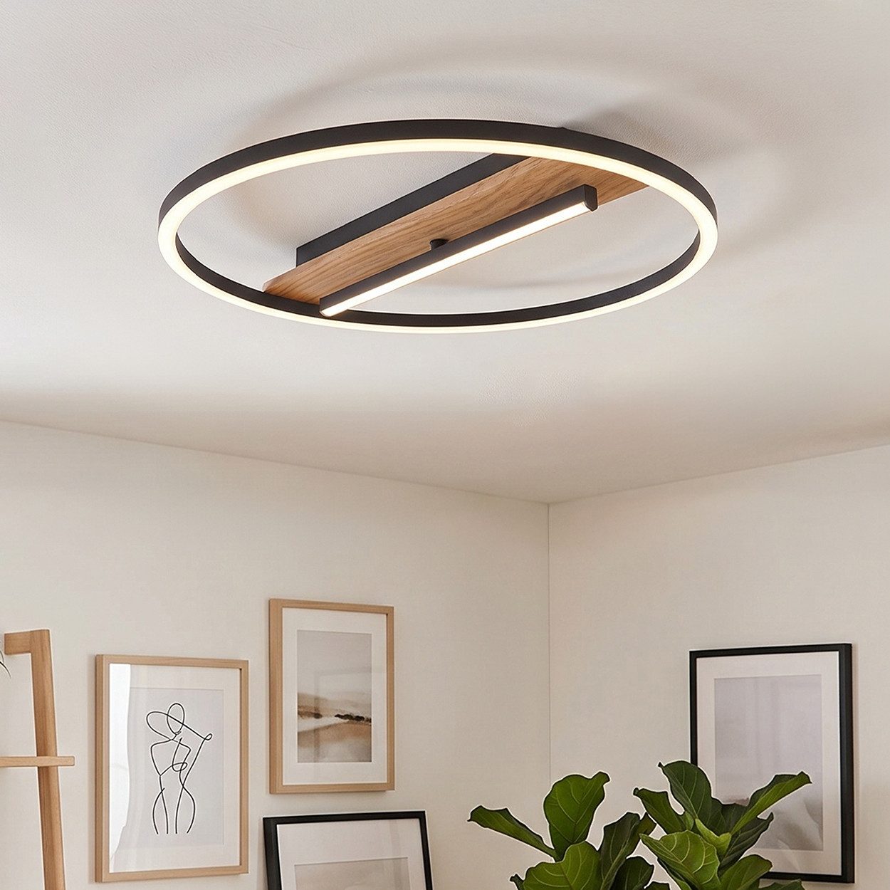 hofstein Deckenleuchte Deckenlampe aus Metall/Kunststoff in Schwarz/Holzoptik/Weiß, ohne Leuchtmittel, verstellbare Leuchte im Boho-Design, 24 Watt, 2900 Lumen