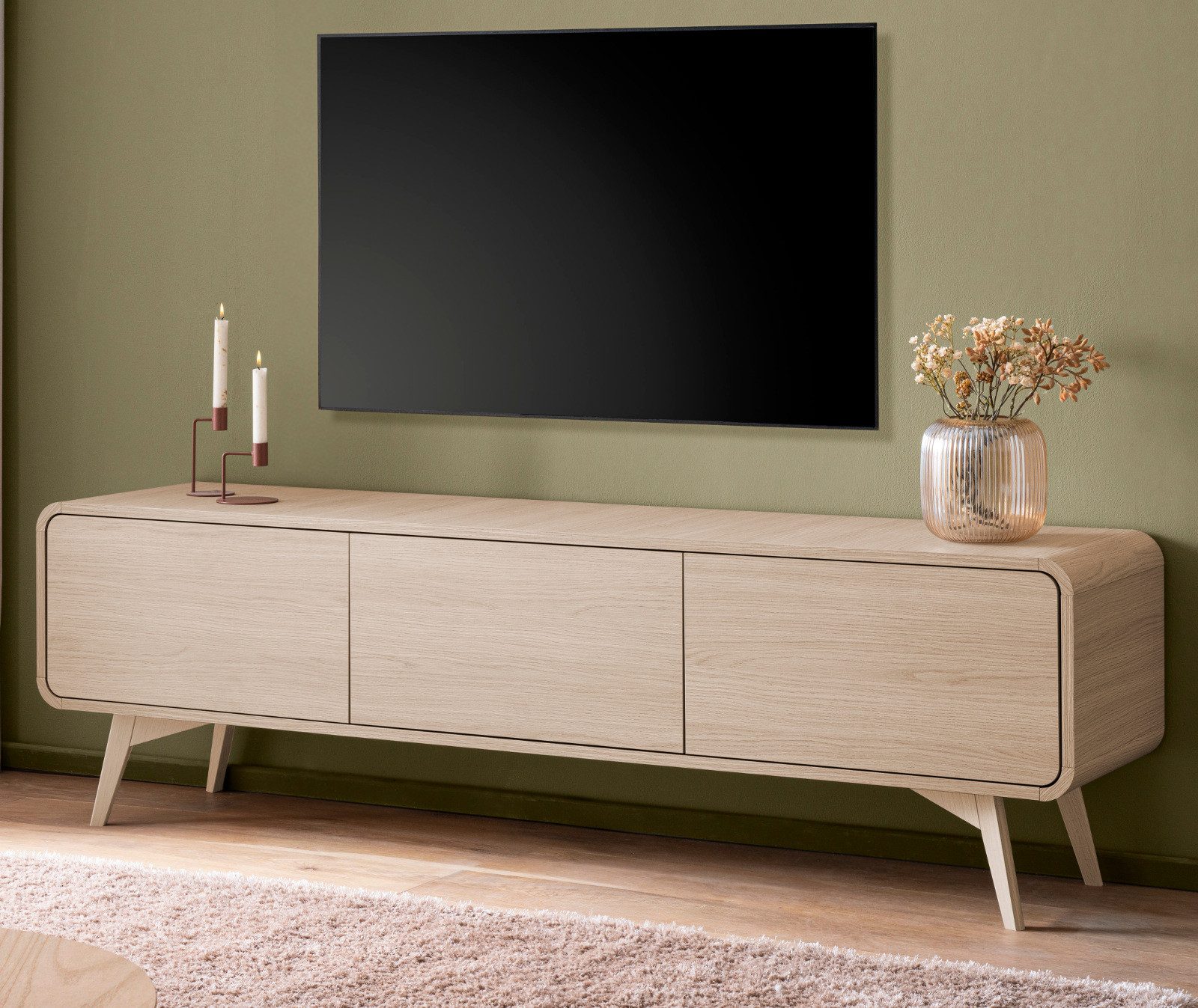Furn.Design Lowboard Elverum (Flat-TV Unterschrank in Eiche Natur, 3 Klappen, 180 x 53 cm), mit Soft-Close und Push-To-Open-Funktion