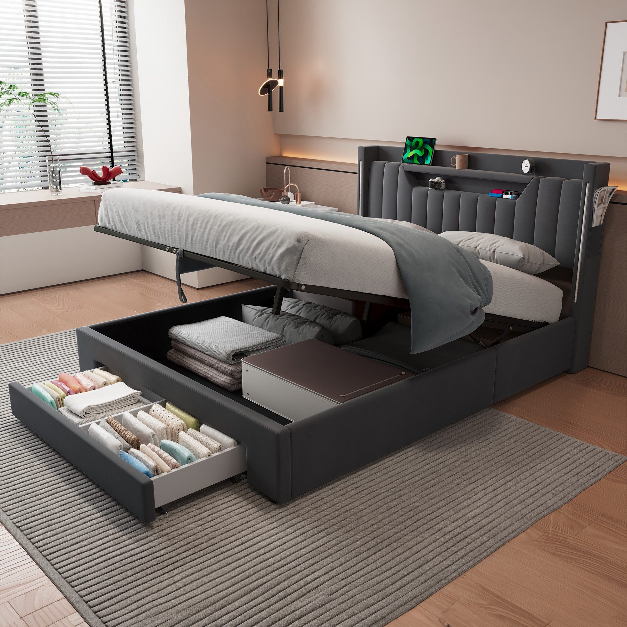 HAUSS SPOLE Polsterbett 140×200 Jugendbett mit Bettkasten,Samt Stauraumbett mit Matratze,Grau (Doppelbett mit Samtbezug,Komfortbett für Schlafzimmer, mit einer 25 cm dicken Matratze), Polsterbett Boxspringbett mit gepolstertem Kopfteil und Lattenrost