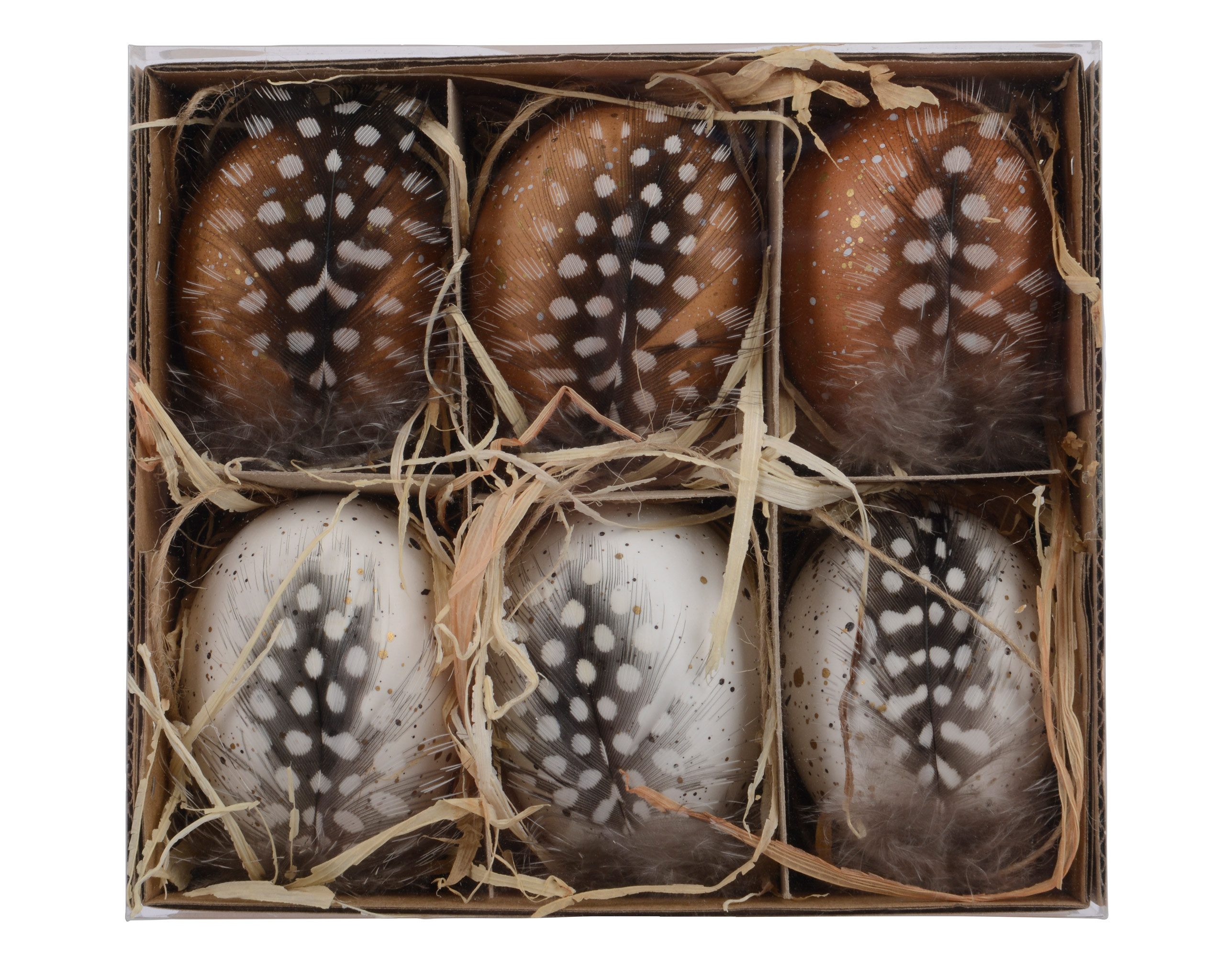 Decoris season decorations Osterei, Ostereier zum Aufhängen 4x6cm gesprenkelt mit Perlhuhn Feder 6er Box