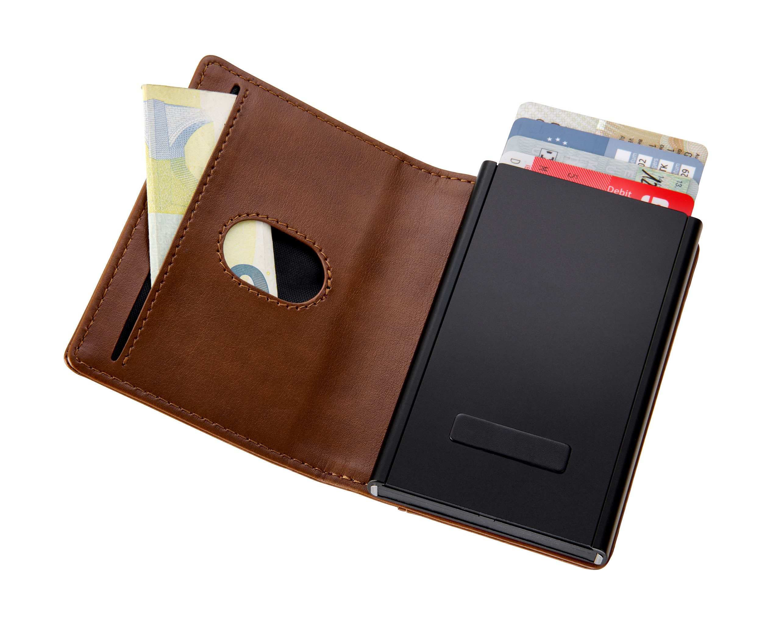 TROIKA Smart-Wallet SHERLOCK HOME, 2-in-1 mit MagSafe & RFID Datendiebstahl-Schutz (1-tlg), aus Metall & Kunstleder in Braun, Geldbörse für 6 Karten & Scheine