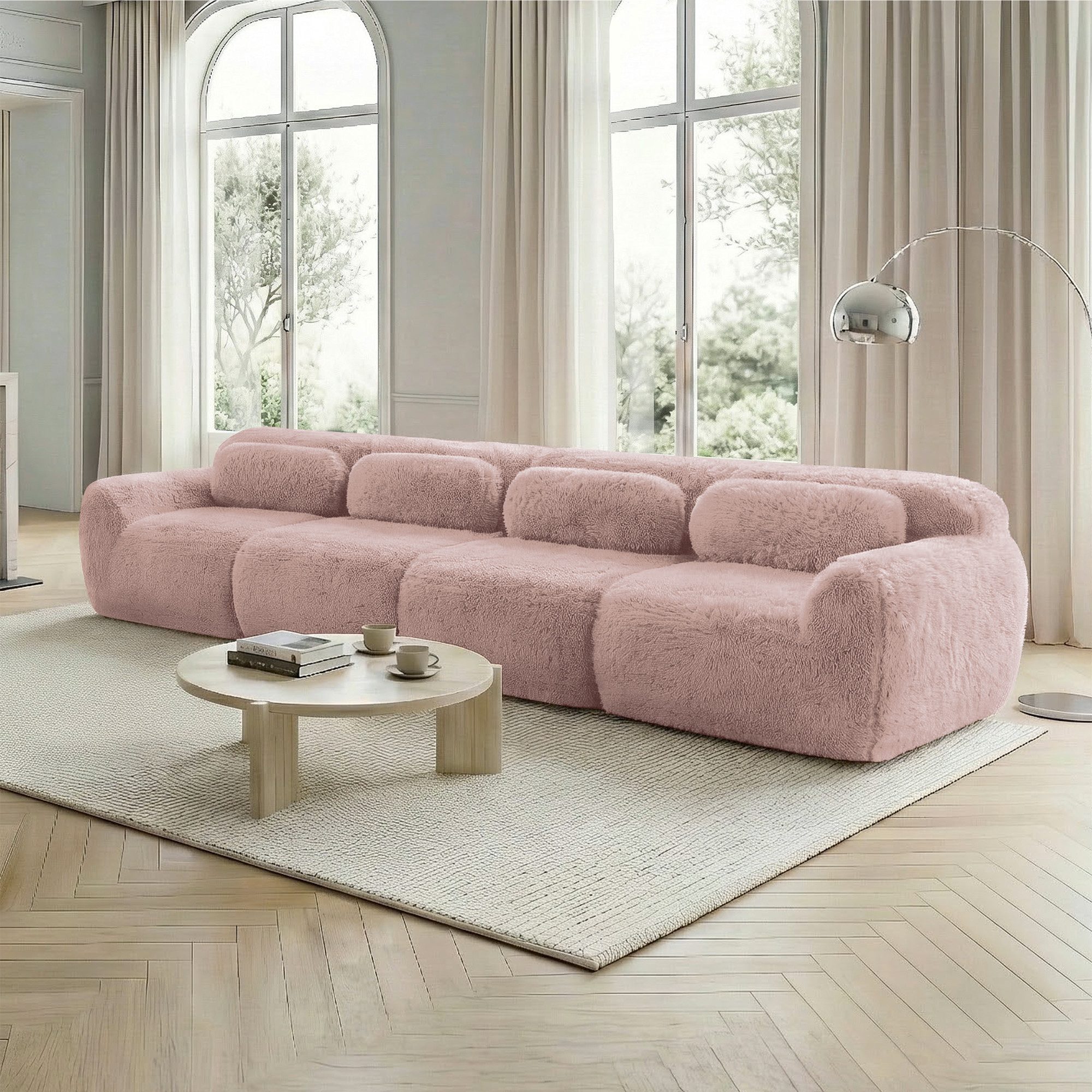 HAUSS SPOLE Loungesofa mit Plüschstoff,4-Sitzer Sofa Polstermöbel mit rutschfester Boden,Rosa