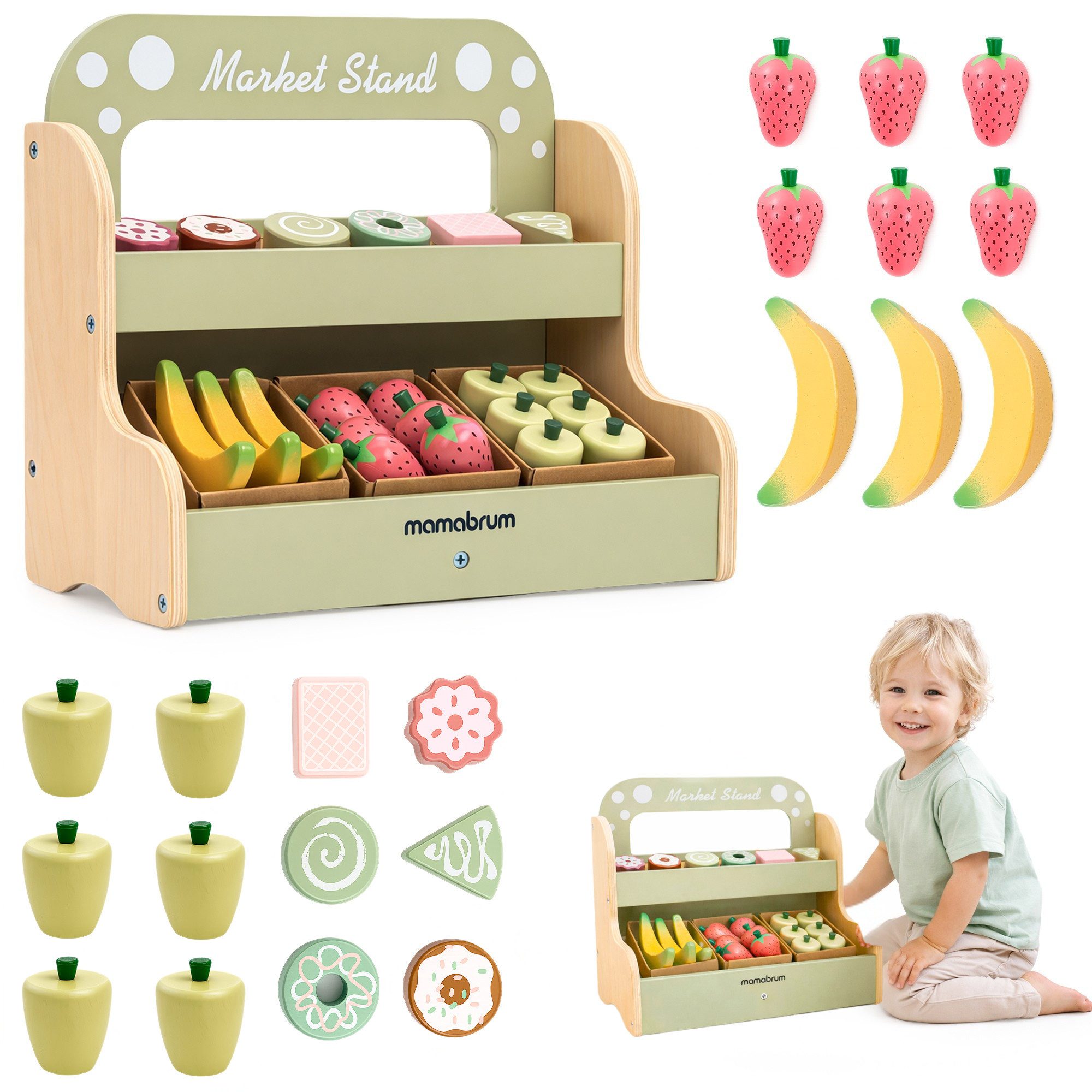 Mamabrum Spielküche Mamabrum Holz Kaufladen Kinder Marktstand mit Zubehör 24 tlg Wood, MDF, paper, 24-Piece Accessory Set