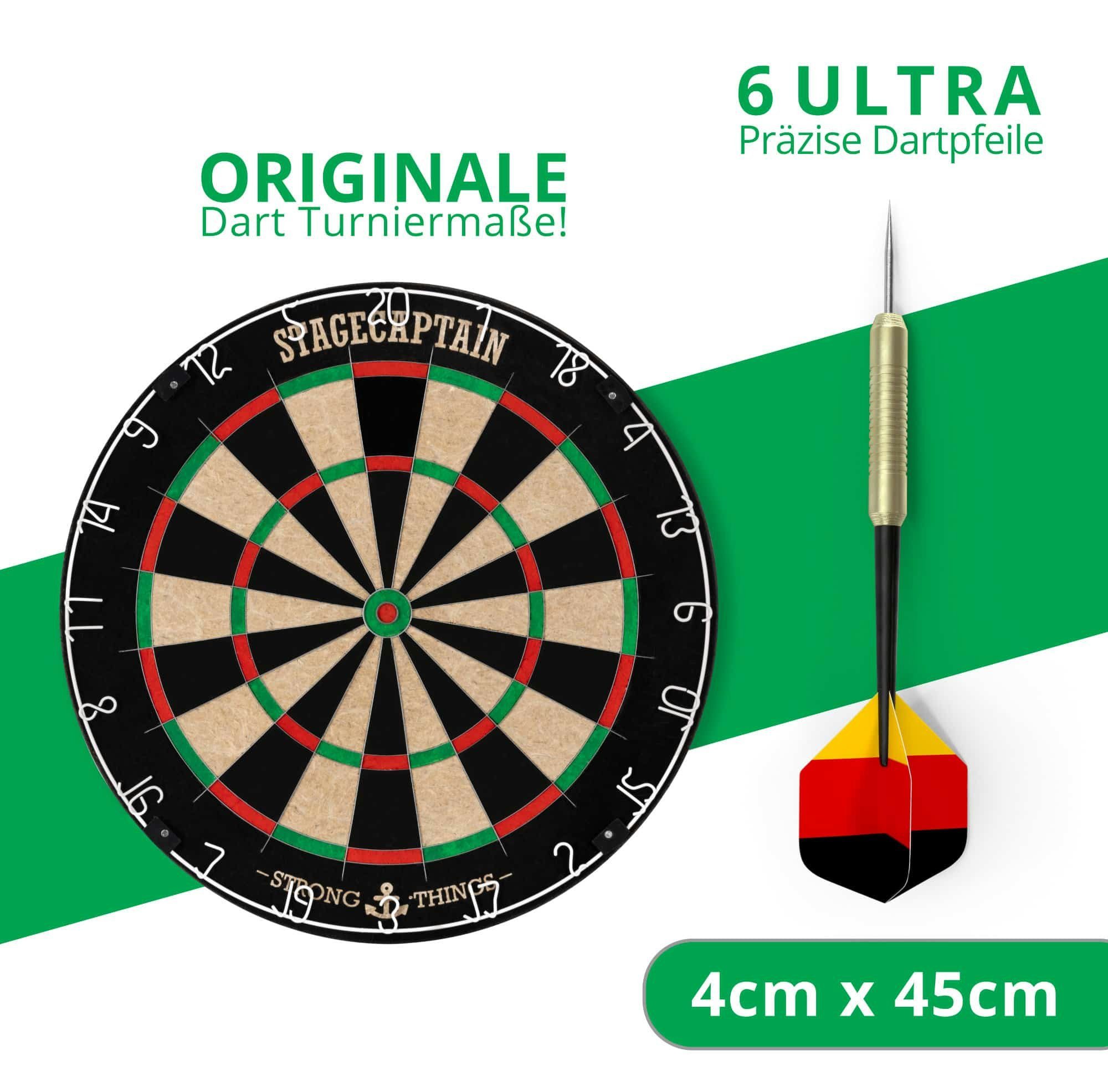 DBS-1715 6 Sisal dünnen Stativ, Drähten und Gold (Spar-Set, mit inkl. Dartpfeilen Stagecaptain 12 Flights), BullsEye Steeldartscheibe Pro, aus Tasche Dartscheibe