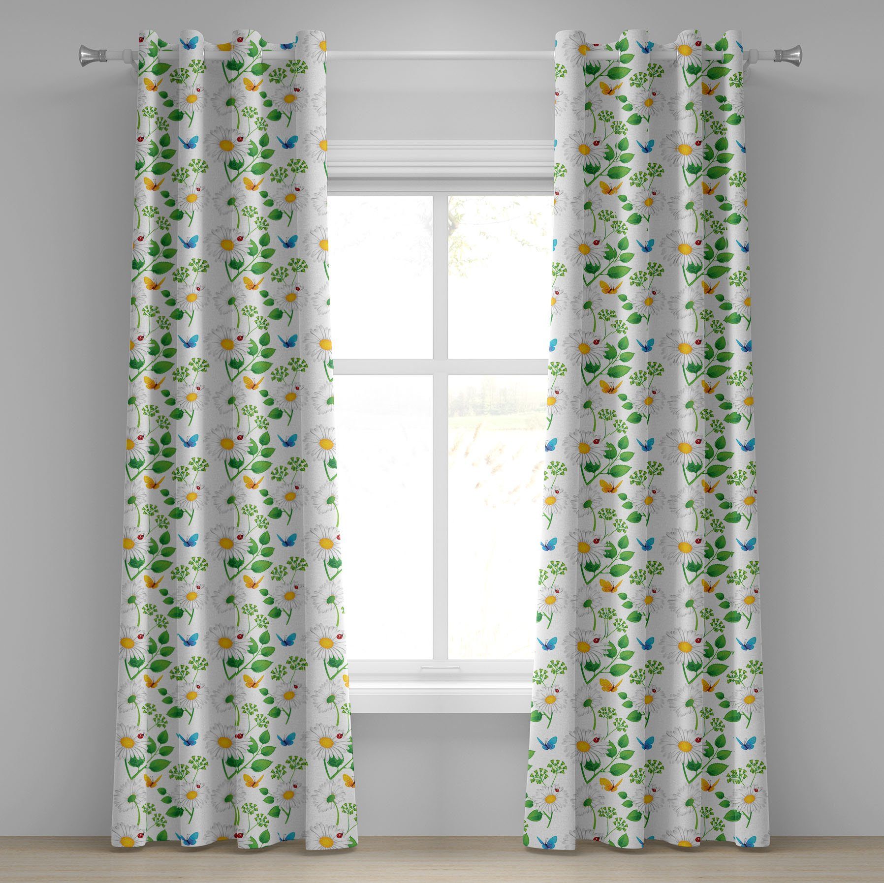 Schlafzimmer auf Blume Kamillen Marienkäfer für 2-Panel-Fenstervorhänge Gardine Wohnzimmer, Abakuhaus, Dekorative