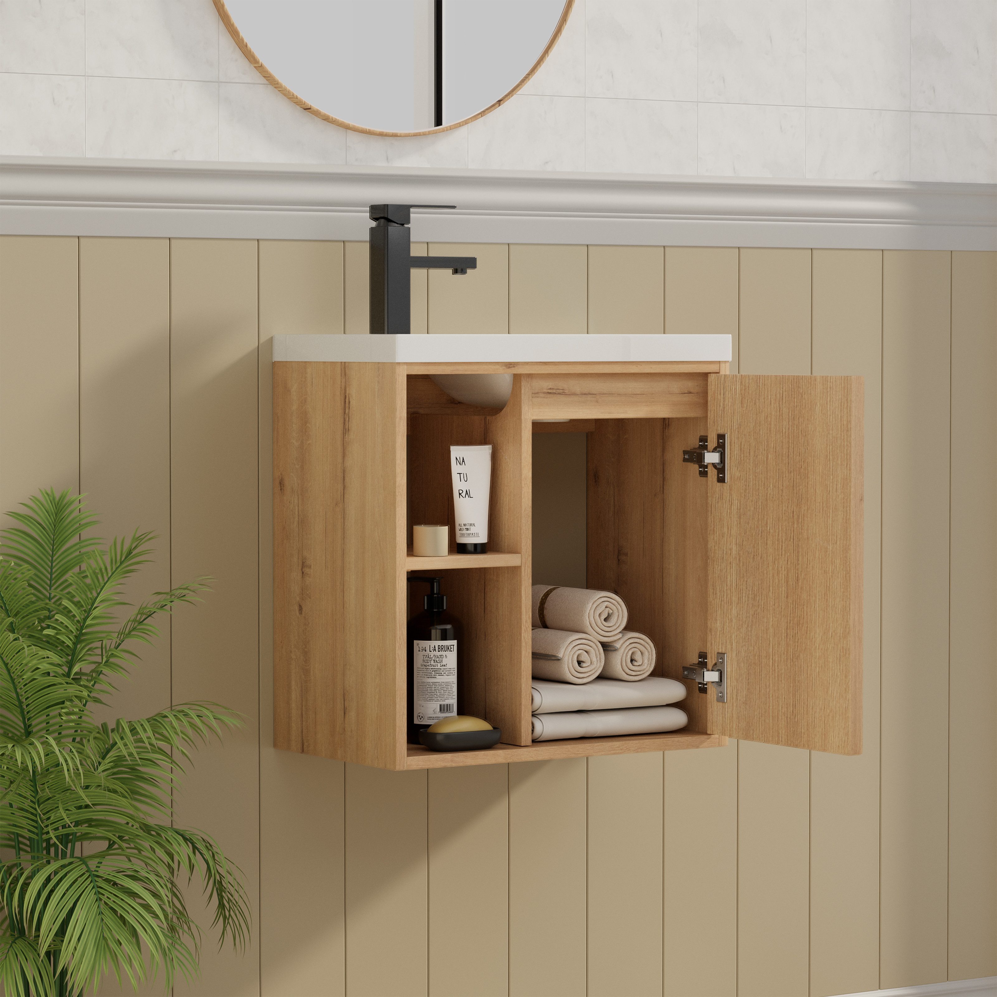 UEV Waschtisch klein Waschbecken mit Unterschrank set Badmöbel Gäste-WC (Breit 50cm, Komplett-Set, Badezimmmer Schrank für Gäste WC, Unterschrank mit Harzbecken Wasserhahn Pop-up-Ablassventil), Waschtischunterschrank hängend Breit 50,5cm