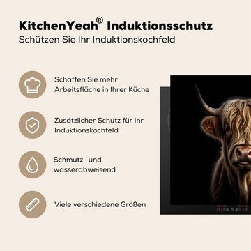 MuchoWow Herdblende-/Abdeckplatte Tiere - Schottischer Highlander - Kuh - Porträt - Schwarz, Vinyl, (1 tlg), 60x52 cm, Mobile Arbeitsfläche nutzbar, Ceranfeldabdeckung