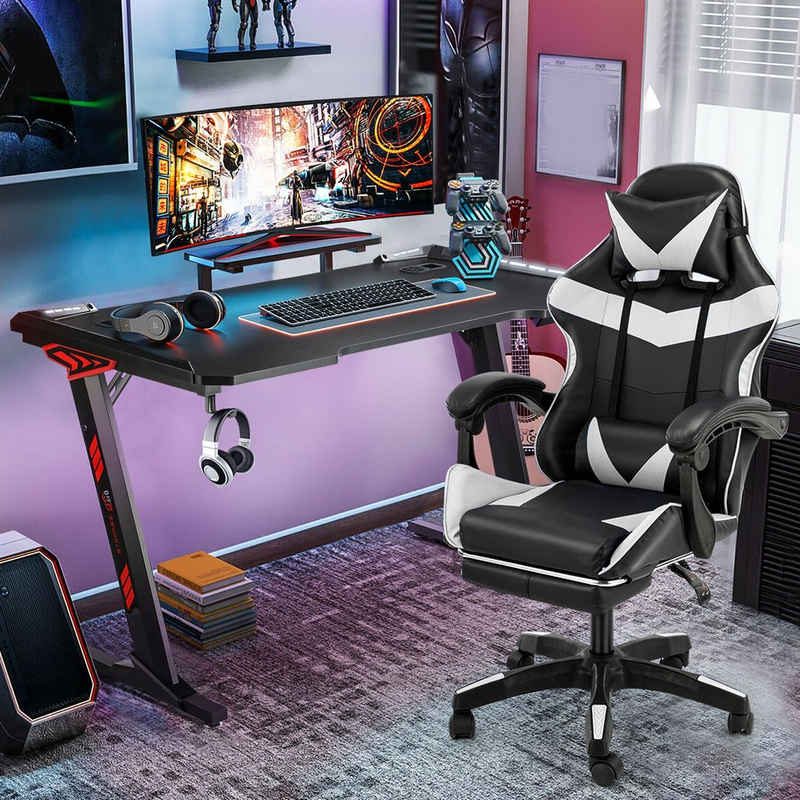 LETGOSPT Gamingtisch PC- Gaming Schreibtisch und Gaming Stuhl Set, mit Massage Lendenkissen, Z-form Stabiler Computertisch, Verstellbare Bürostuhl Gamer Stuhl