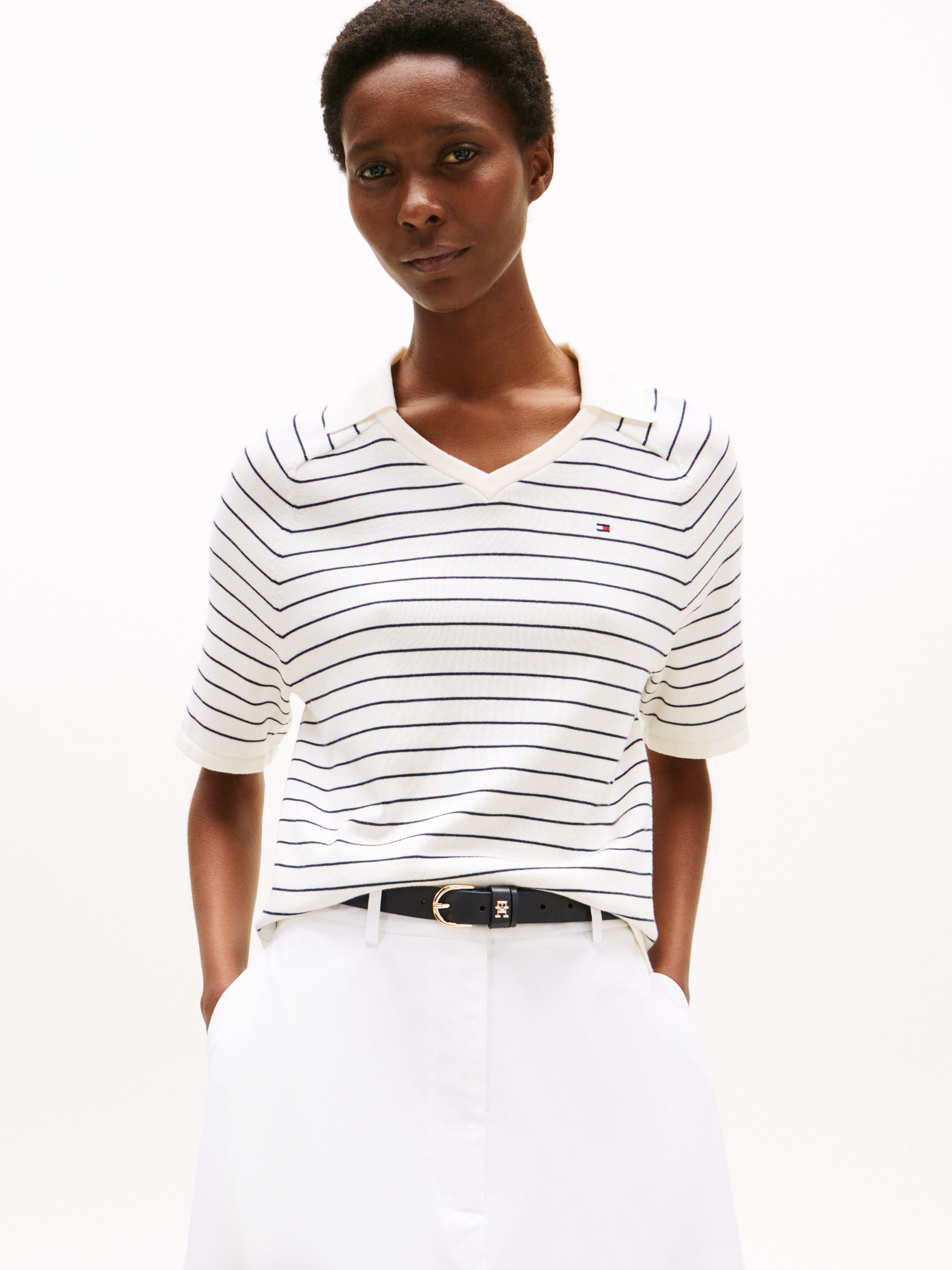 Tommy Hilfiger Strickpullover CO JERSEY STCH POLO V-NK S/S SWT günstig online kaufen