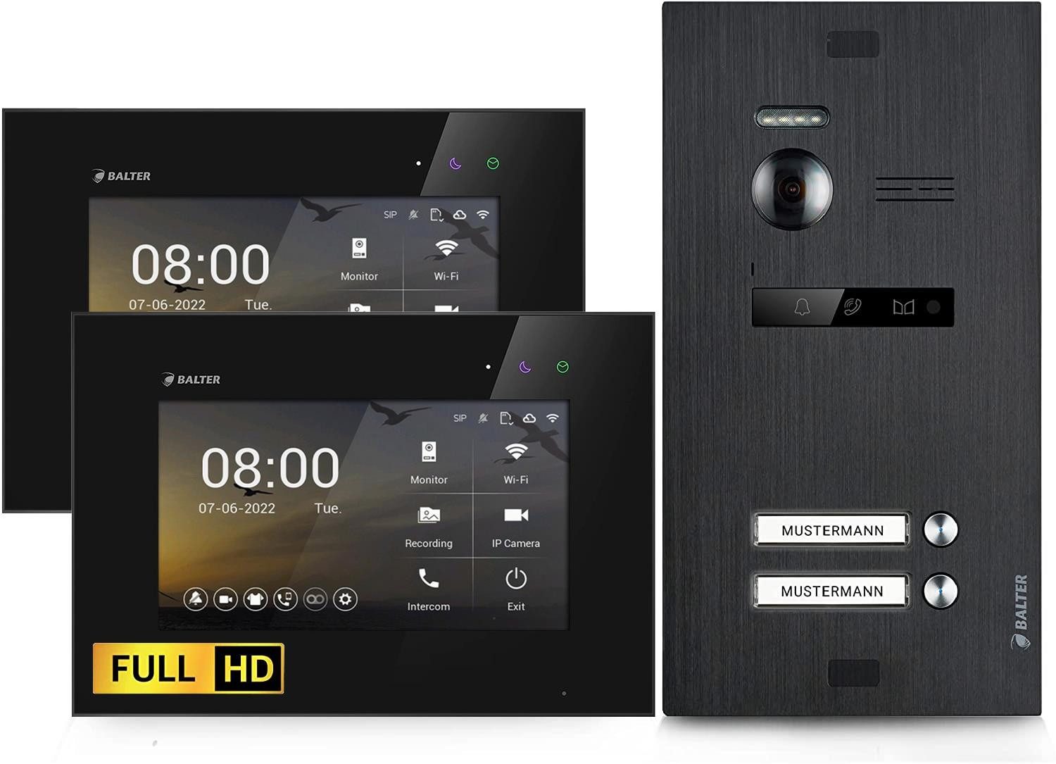 Balter Video-Türsprechanlage HD Video Türsprechanlage für 2 Familienhaus, 2 x Monitore (Mehrfamilienhaus, Komplettset, 2-tlg., 2 Familienhaus, Full HD Kamera, Interkom, Videokommunikation)