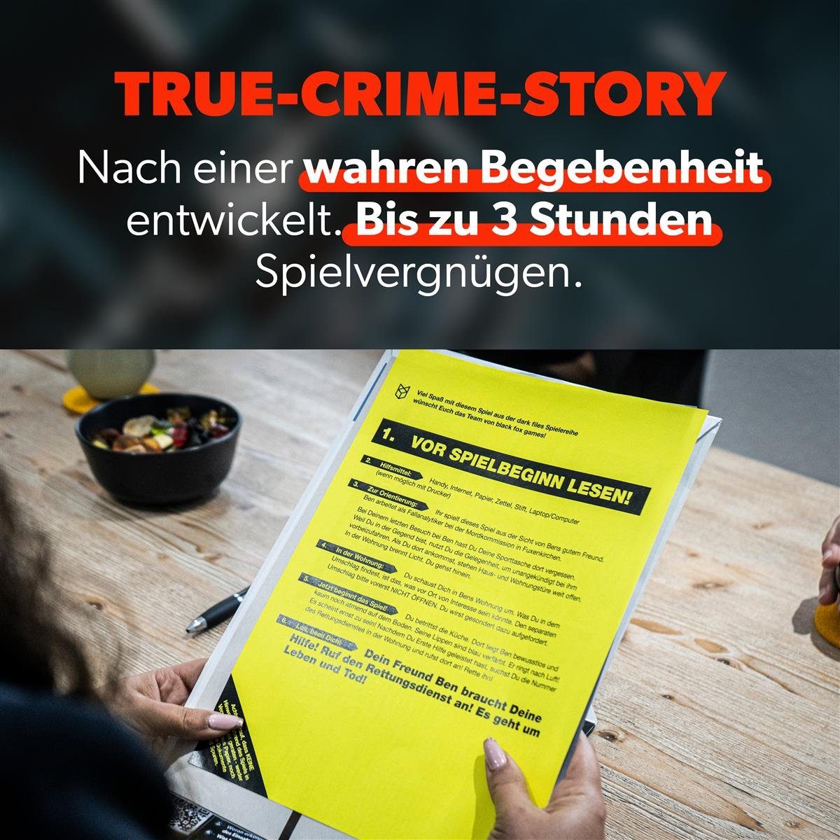 Spiel, Detektivspiel, black KOMA, interaktives Spiel, Echtzeitspiel fox games DarkFiles, True-Crime Escapespiel, Krimispiel