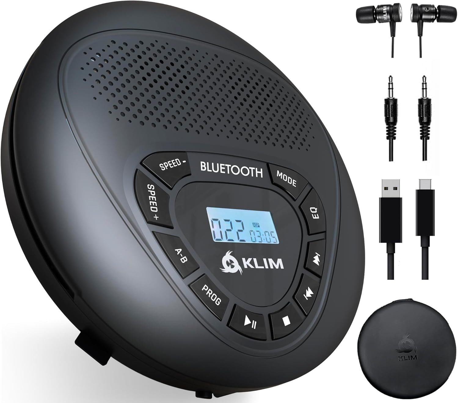 KLIM Speaker tragbarer CD-Player (Discman mit Kopfhörer, ideal fürs Auto, AUX, mit Lautsprecher)