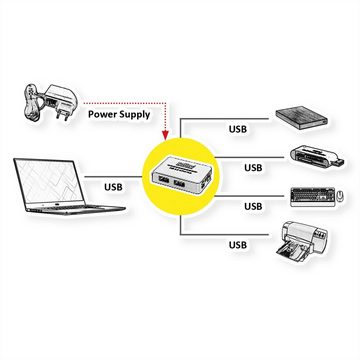 ROLINE USB 2.0 Hub "Black and White", 4 Ports, mit Netzteil Computer-Adapter, 50.0 cm