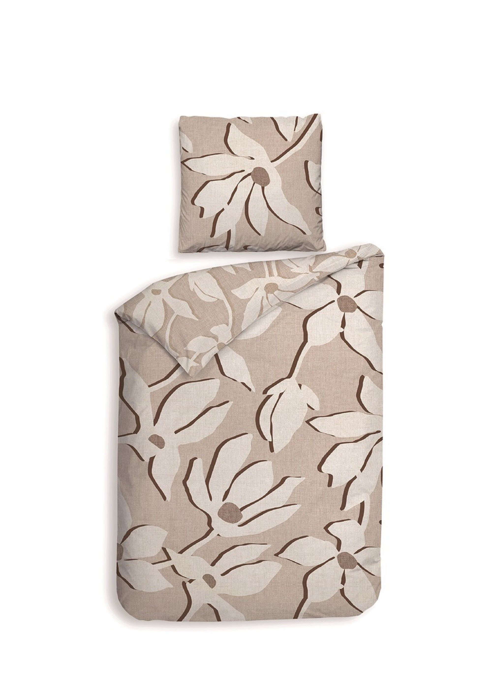 Heckett and Lane Bettwäsche Heckettlane Satin Bettwäsche 135x200 Sanaa Safari beige Blüten Blätter, Mako-Satin, 2 teilig, für den Sommer und Winter