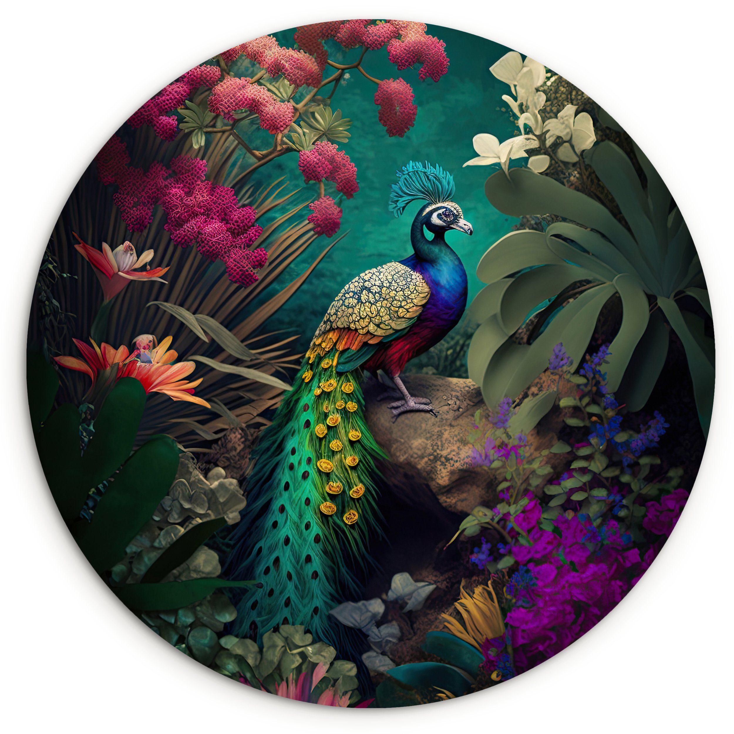 MuchoWow Gemälde Pfau - Federn - Blumen - Vogel, Fotodruck (1 St), Kreis Wanddekoration, Rundes Wandbild, 30x30 cm