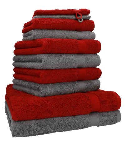 Betz Handtuch Set »10-TLG. Handtuch-Set Premium 100% Baumwolle 2 Duschtücher 4 Handtücher 2 Gästetücher 2 Waschhandschuhe Farbe Dunkel Rot & Anthrazit« (Set, 10-tlg), saugstark und strapazierfähig