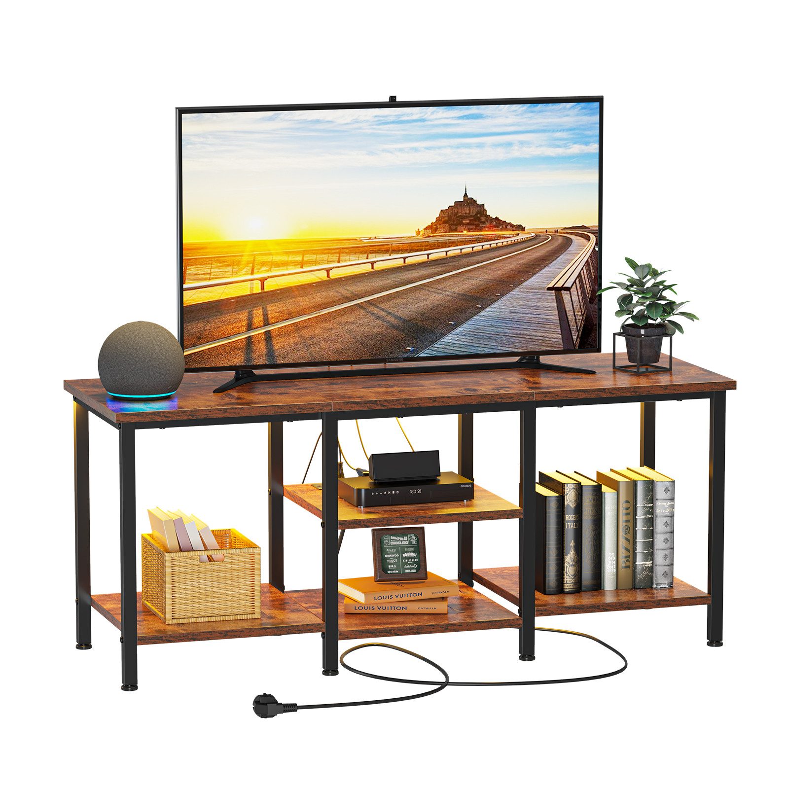 Dripex Lowboard TV Schrank mit LED und Steckdosen Lowboard Fernsehtisch, Retrobraun, für Fernseher bis zu 70 Zoll