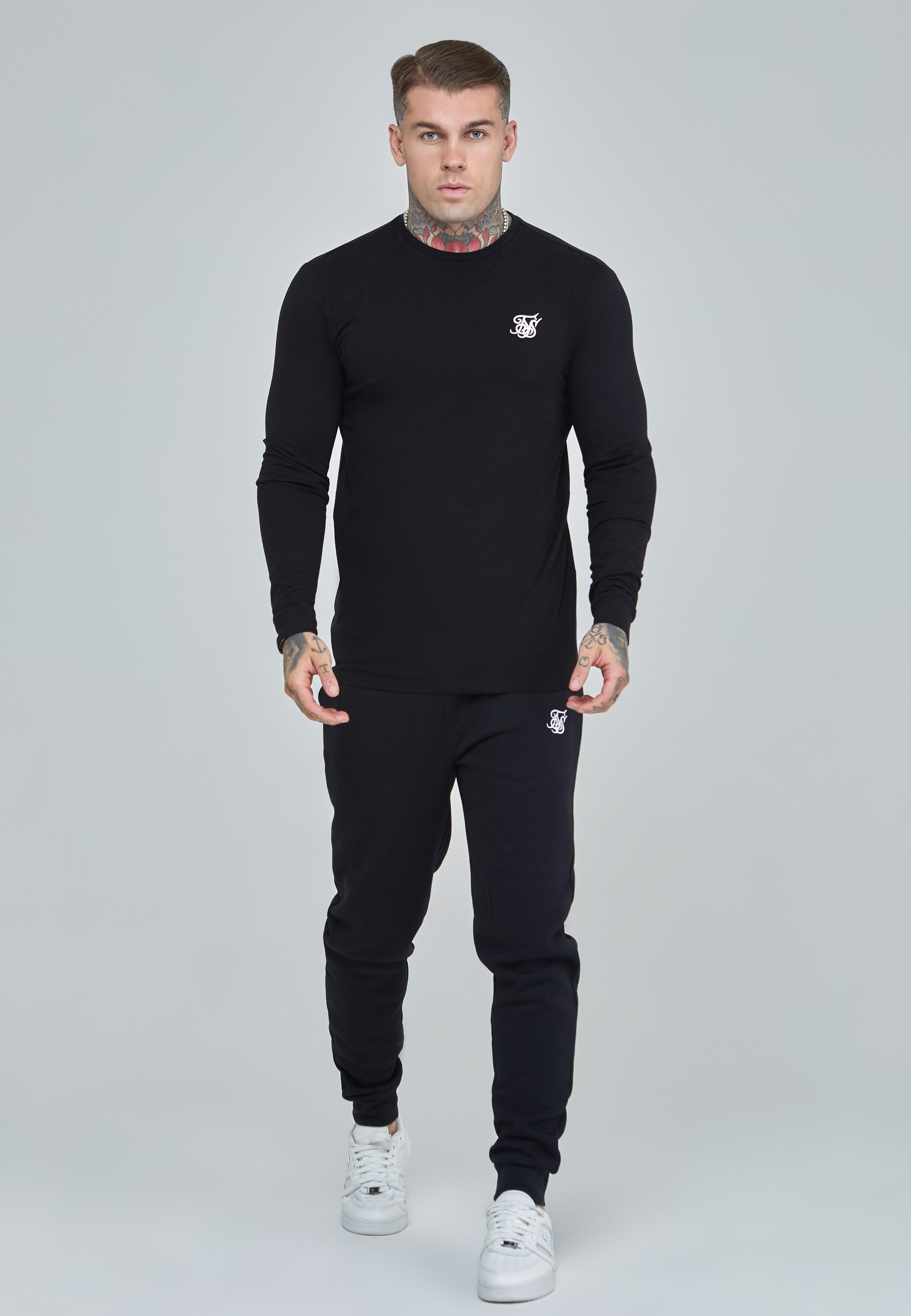 T-Shirt SikSilk Herren Schwarzes Essentials Langarm T-Shirt