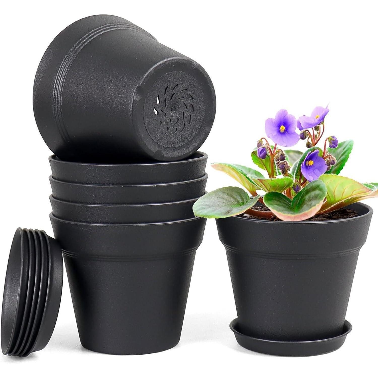 LuxusKollektion Blumentopf 6er Blumentöpfe Set Schwarz 17.8cm Pflanzentopf mit Untersetzer