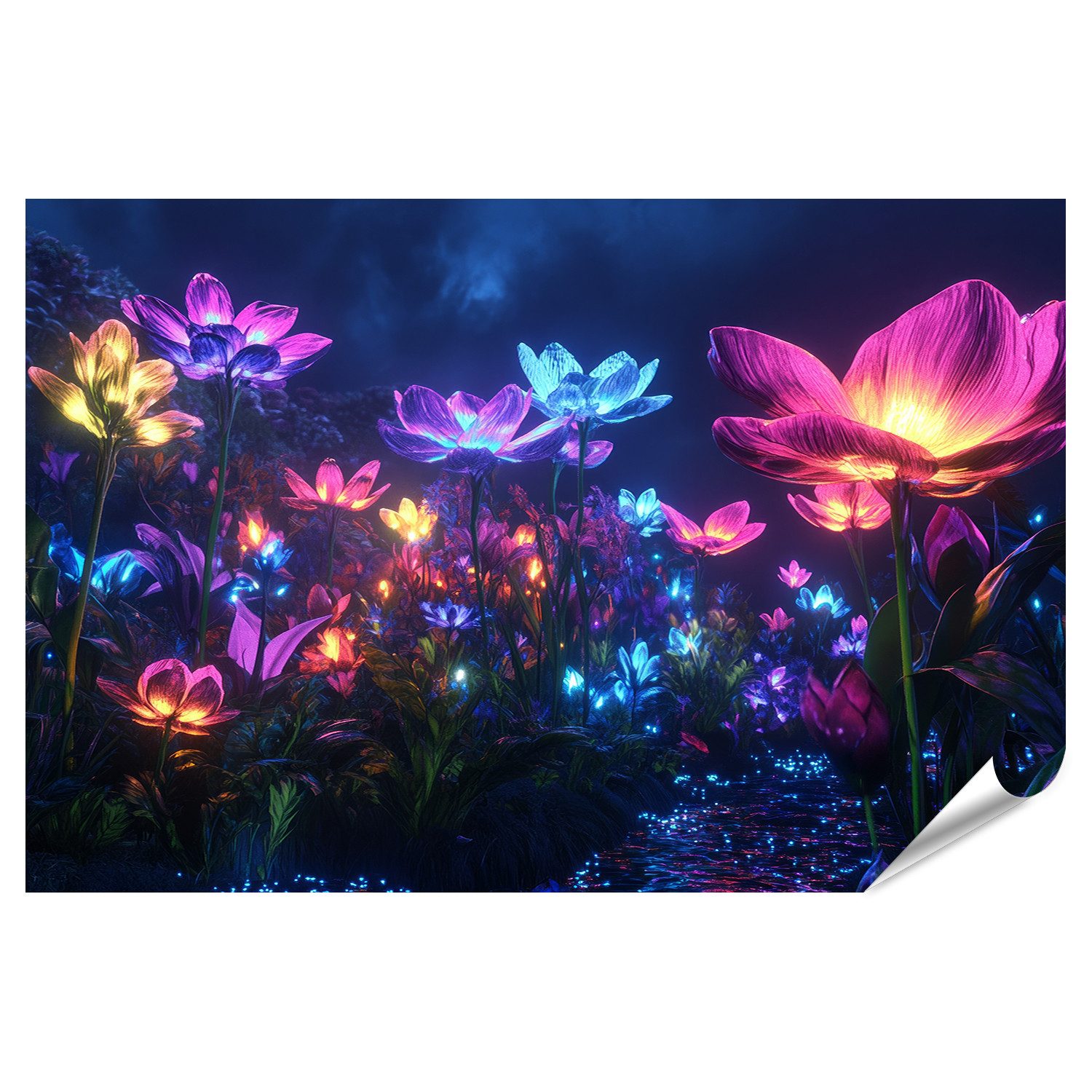 islandburner Poster, Leuchtende Blumen in einer magischen Nachtlandschaft, Print