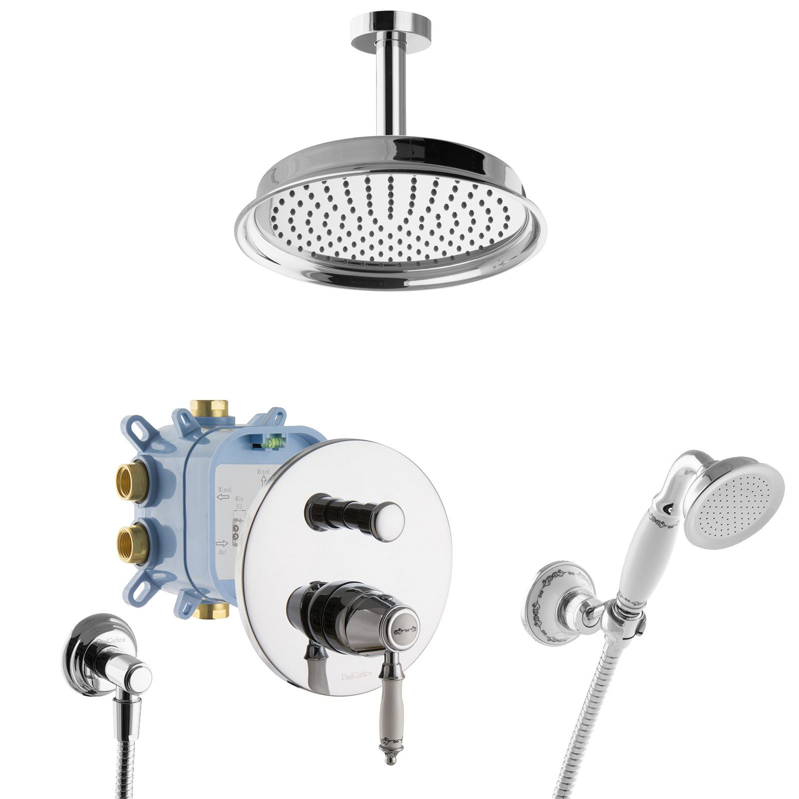 PaulGurkes Duscharmatur (Set, Duschset mit Grundkörper, Armatur und Kopfbrause) Nostalgie-Design, Kopfbrause Ø 22,5 cm, inkl. Grundkörper