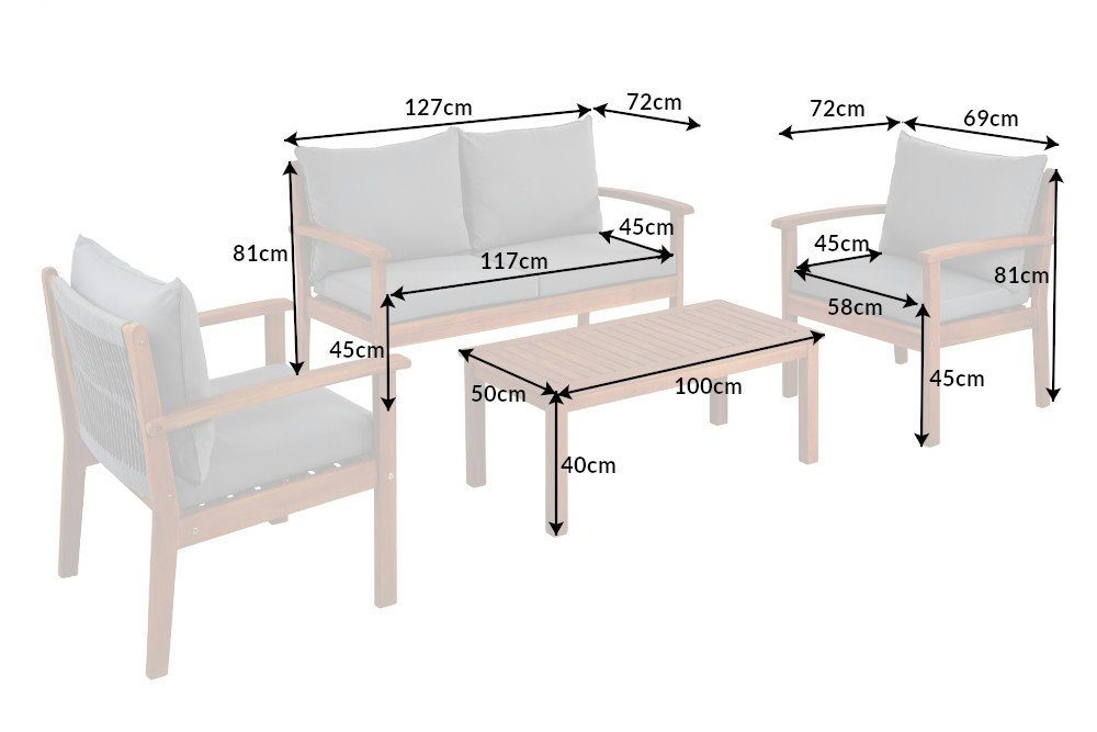 riess-ambiente Sitzgruppe Tisch Bank LOUNGE natur · (Set, 4-tlg), Garten Balkon BALI grau, · · · Stühle 