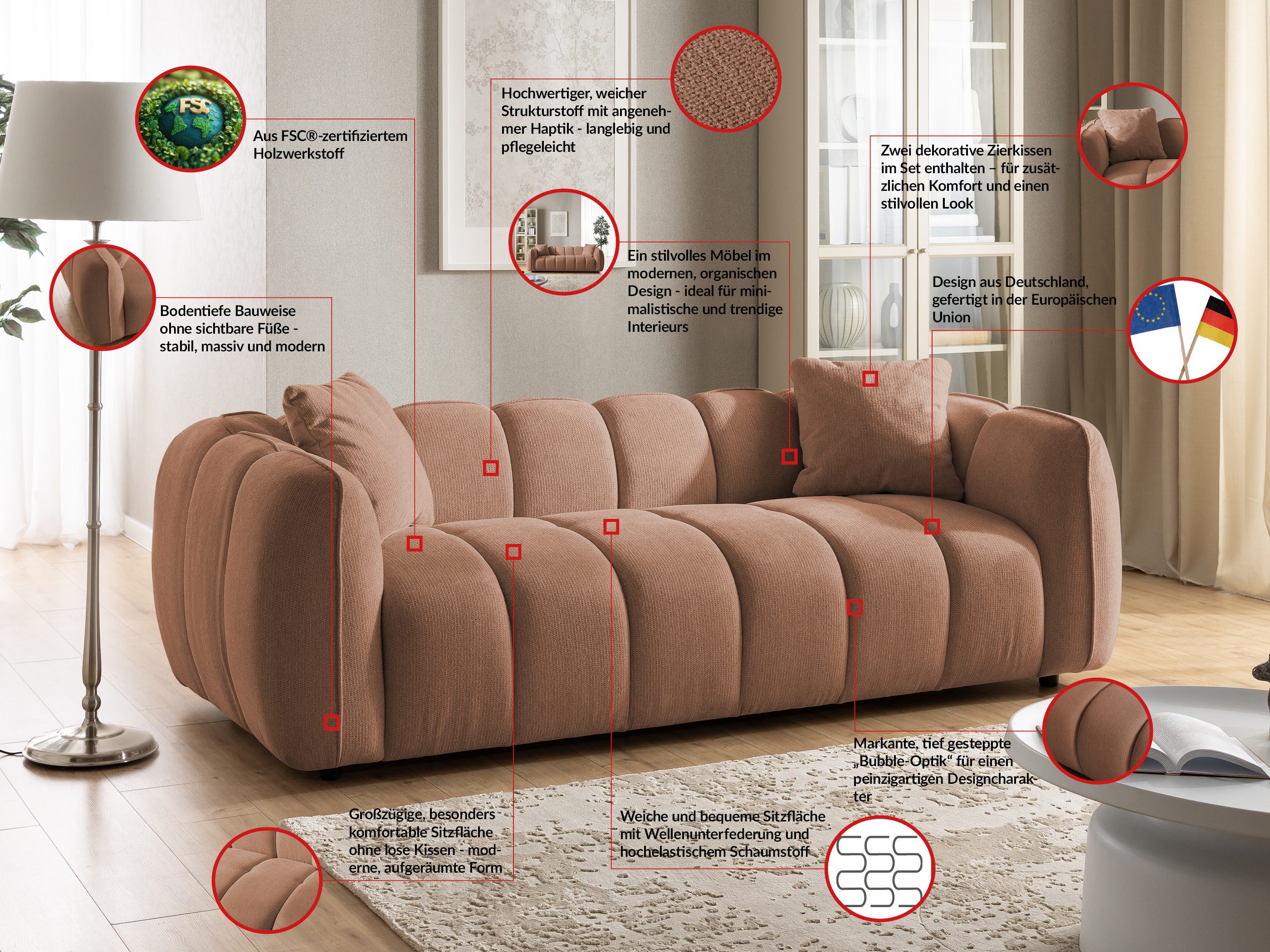 S-Style Möbel Polstergarnitur 3+2+1 Nubira in tief gesteppter Bubble-Optik aus Strukturstoff, mit modernem Design und Wellenfederung – Bild 5 von 5