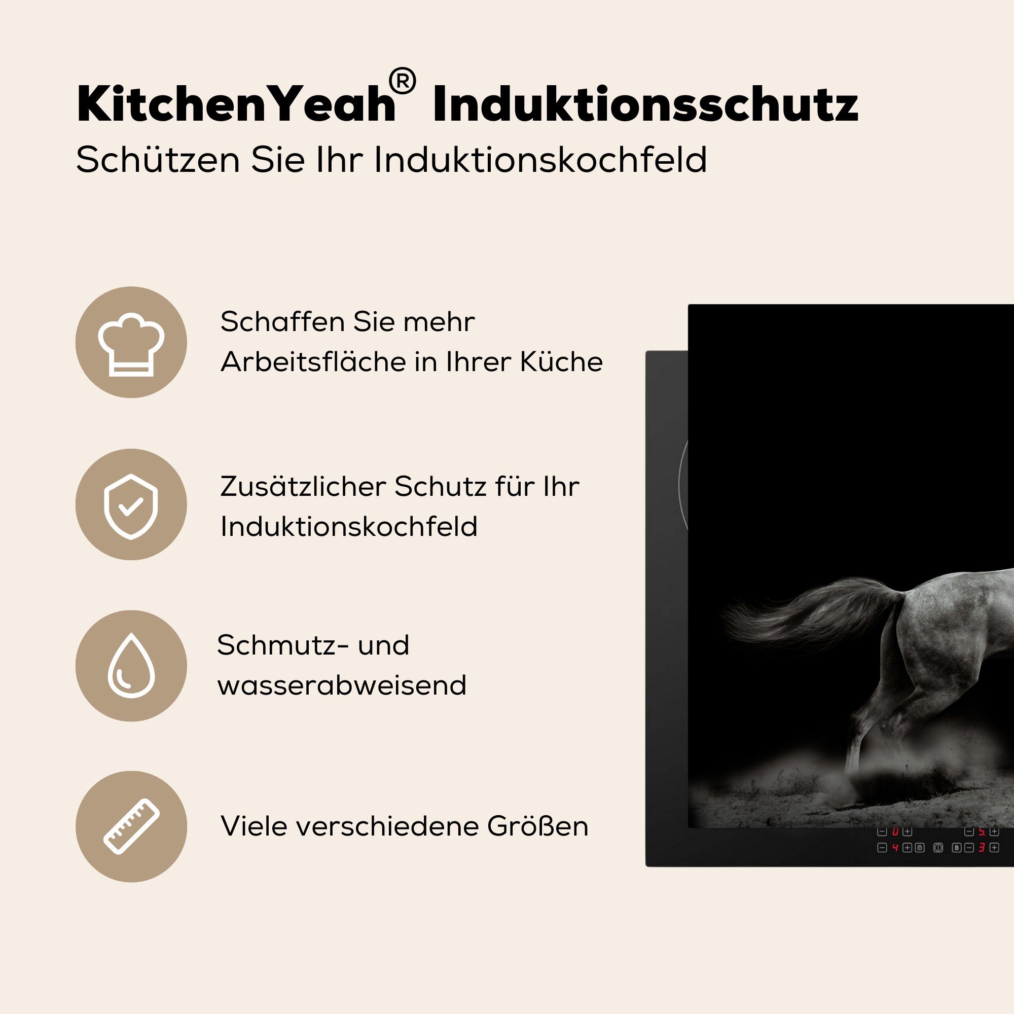 Herdblende-/Abdeckplatte Induktionskochfeld die cm, Sand 71x52 Schwarz, (1 Schutz - Vinyl, für - Pferd MuchoWow tlg), Ceranfeldabdeckung küche,