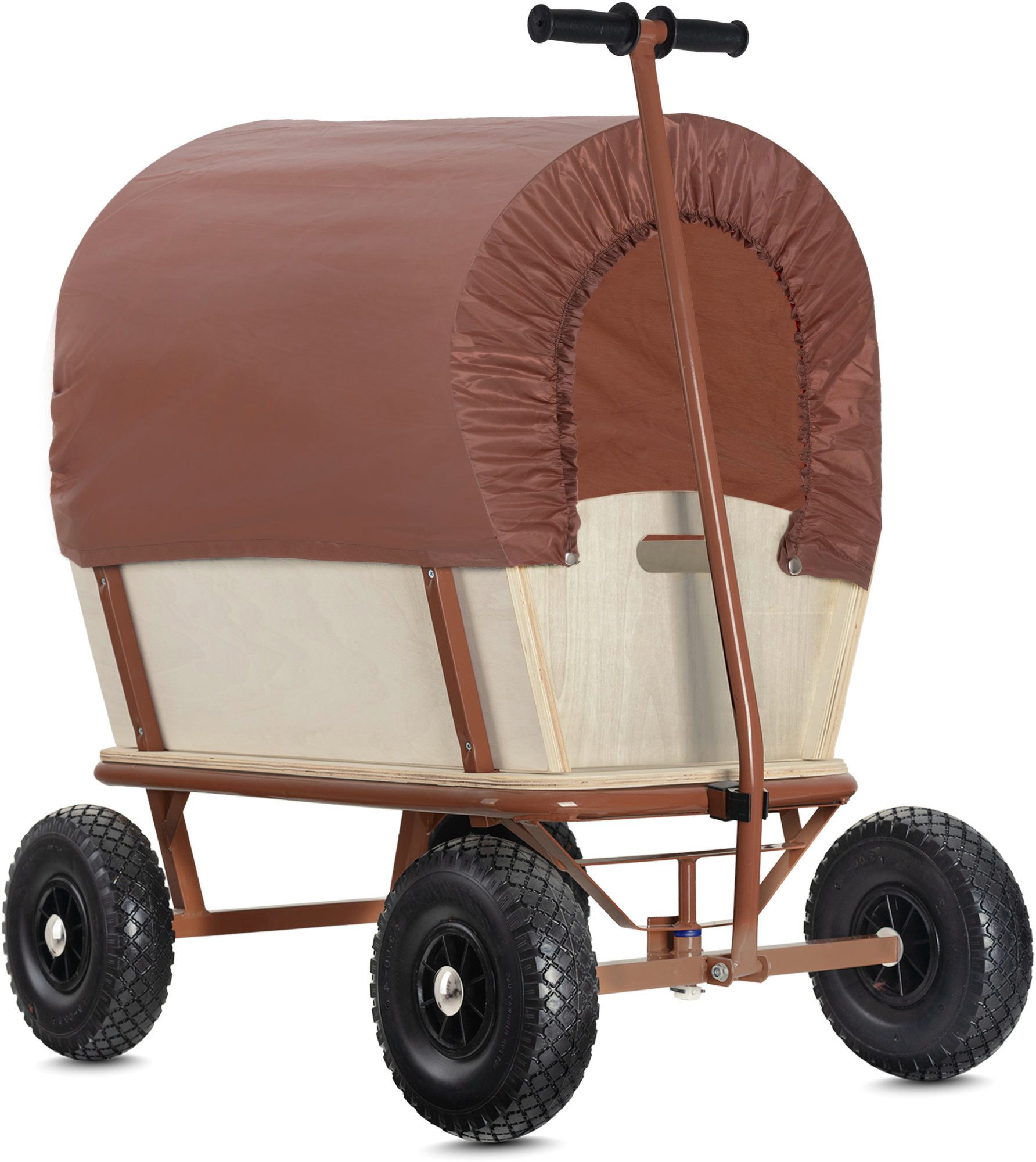 Stagecaptain Bollerwagen BW-1812D BN Bollycart Holz-Bollerwagen braun, Handwagen aus Holz, lenkbare Vorderachse, Plane und Hartplasik Reifen