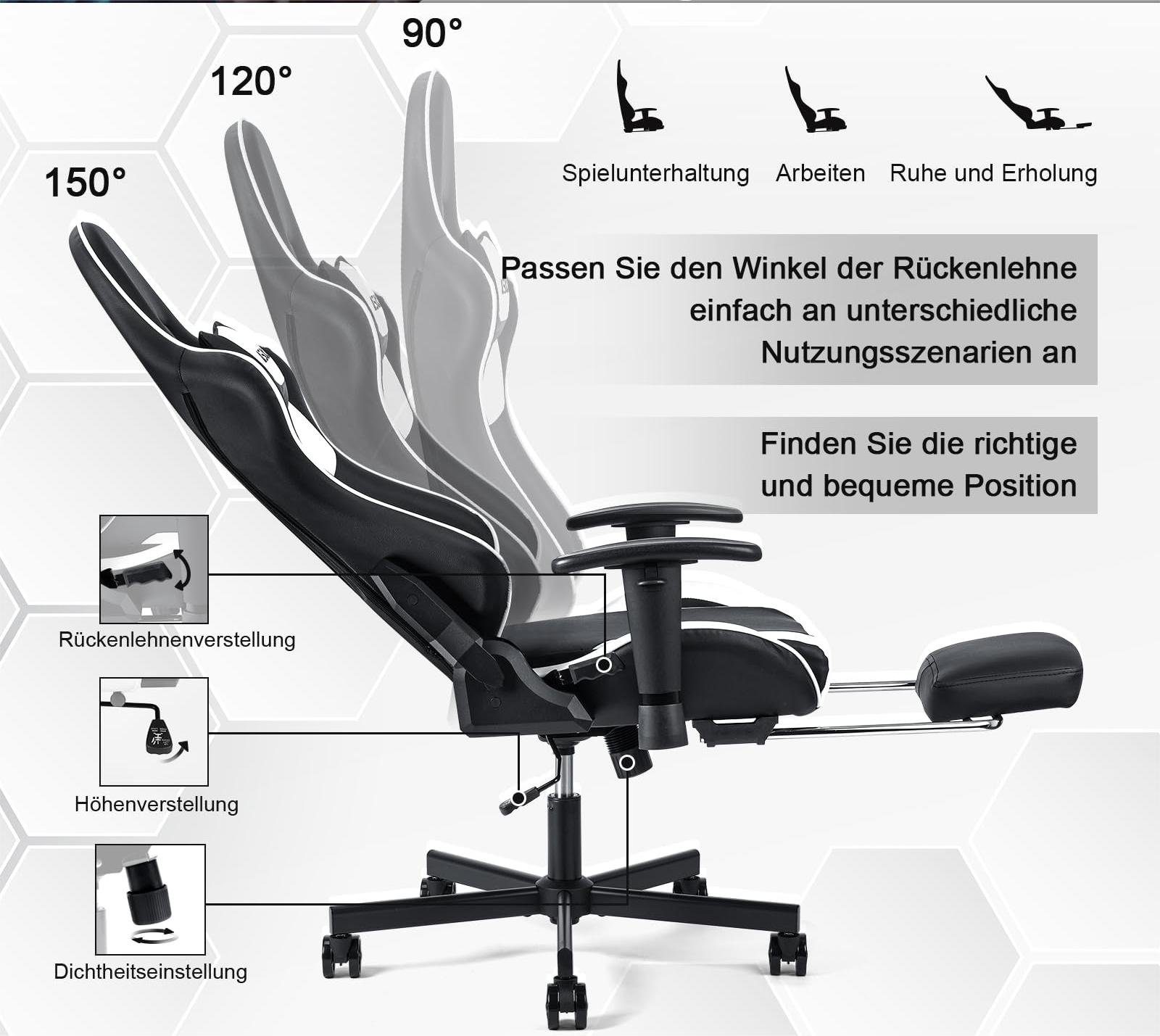 Fangqi Gaming-Stuhl Gaming-Stuhl mit Fußstütze, drehbar, Nackenkissen, verstellbar, (Armlehnen, ergonomischer Lendenkissen) Neigungswinkel 360° Bürostuhl Rückenlehne Sitzhöhe der verstellbar