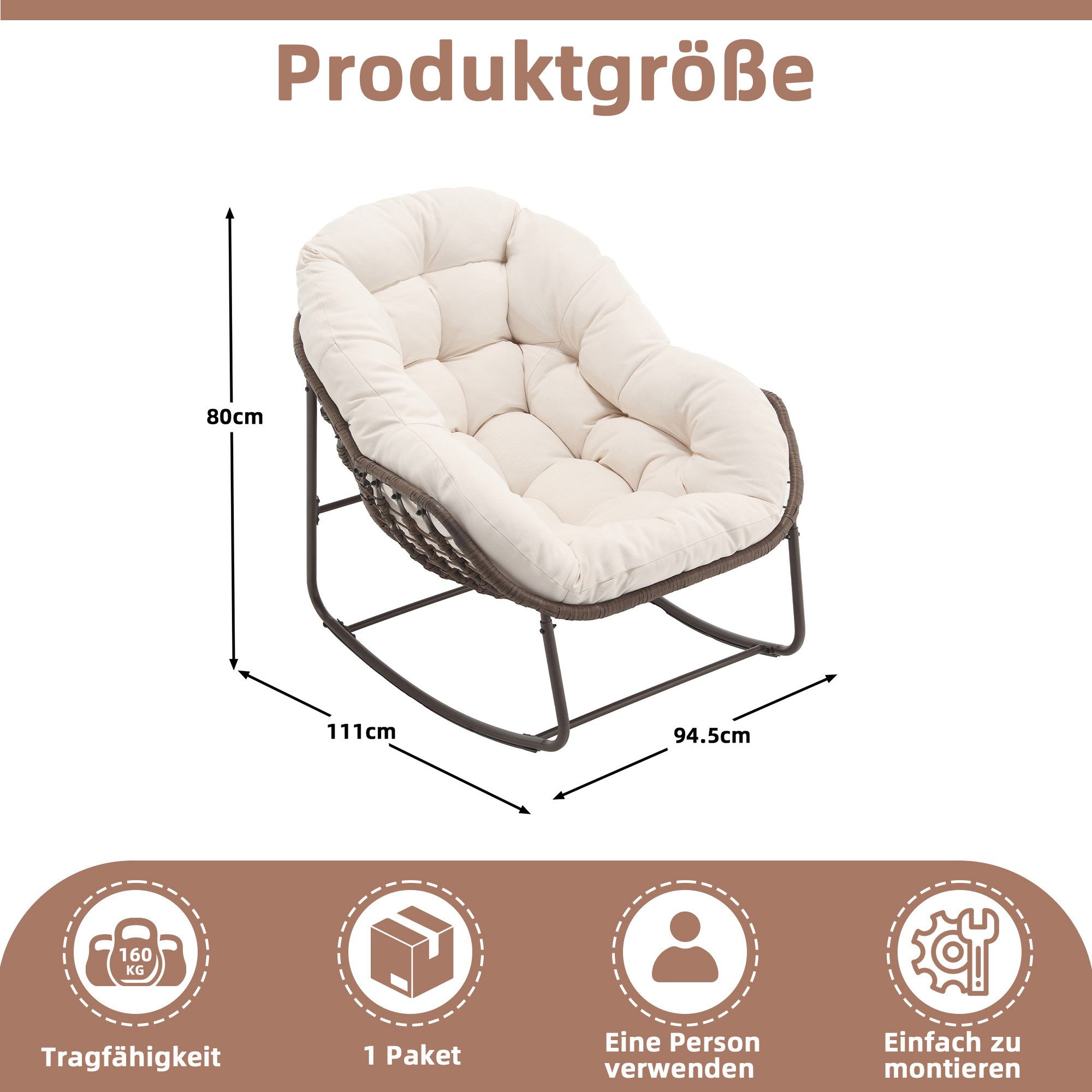 LVHOM Schaukelstuhl mit gepolstertem Kissen, Rattanstuhl mit Stahlrahmen, Lounge Sessel (Großformat B110.5cm x T94.5cm x H80cm,Dicke Kissen,160kg Tragfähigkeit, MEHRE FARBEN MEHRE OPTIONEN! Schaukelsessel umhüllendem Sitzgefühl & hoher Armlehne, 1 St), Balkon/Garten/Wohnzimmer/Schlafzimmer/Arbeitszimmer