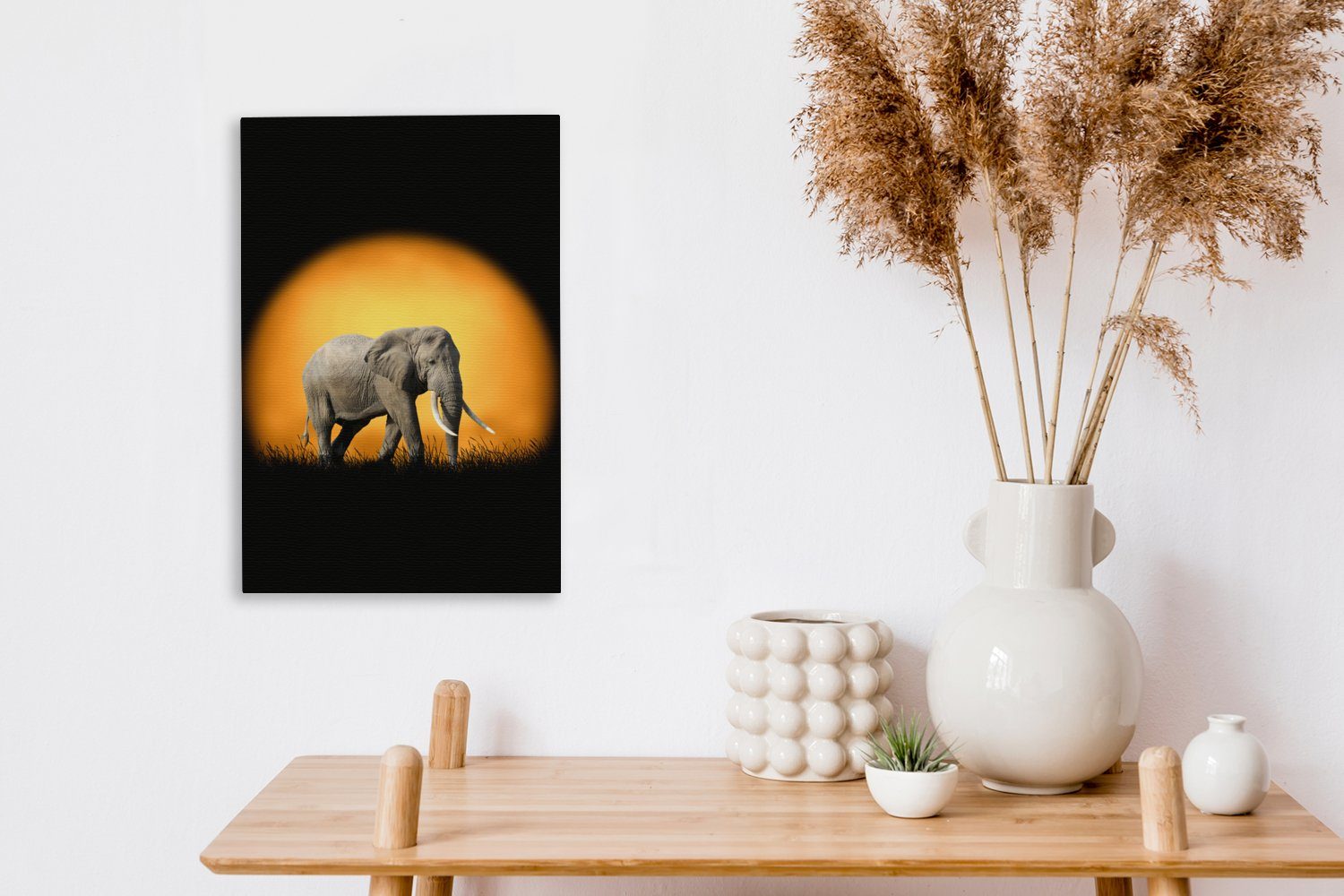 OneMillionCanvasses® Leinwandbild Elefant Leinwandbild fertig inkl. cm (1 20x30 Zackenaufhänger, - St), Gemälde, Sonne - Orange, bespannt