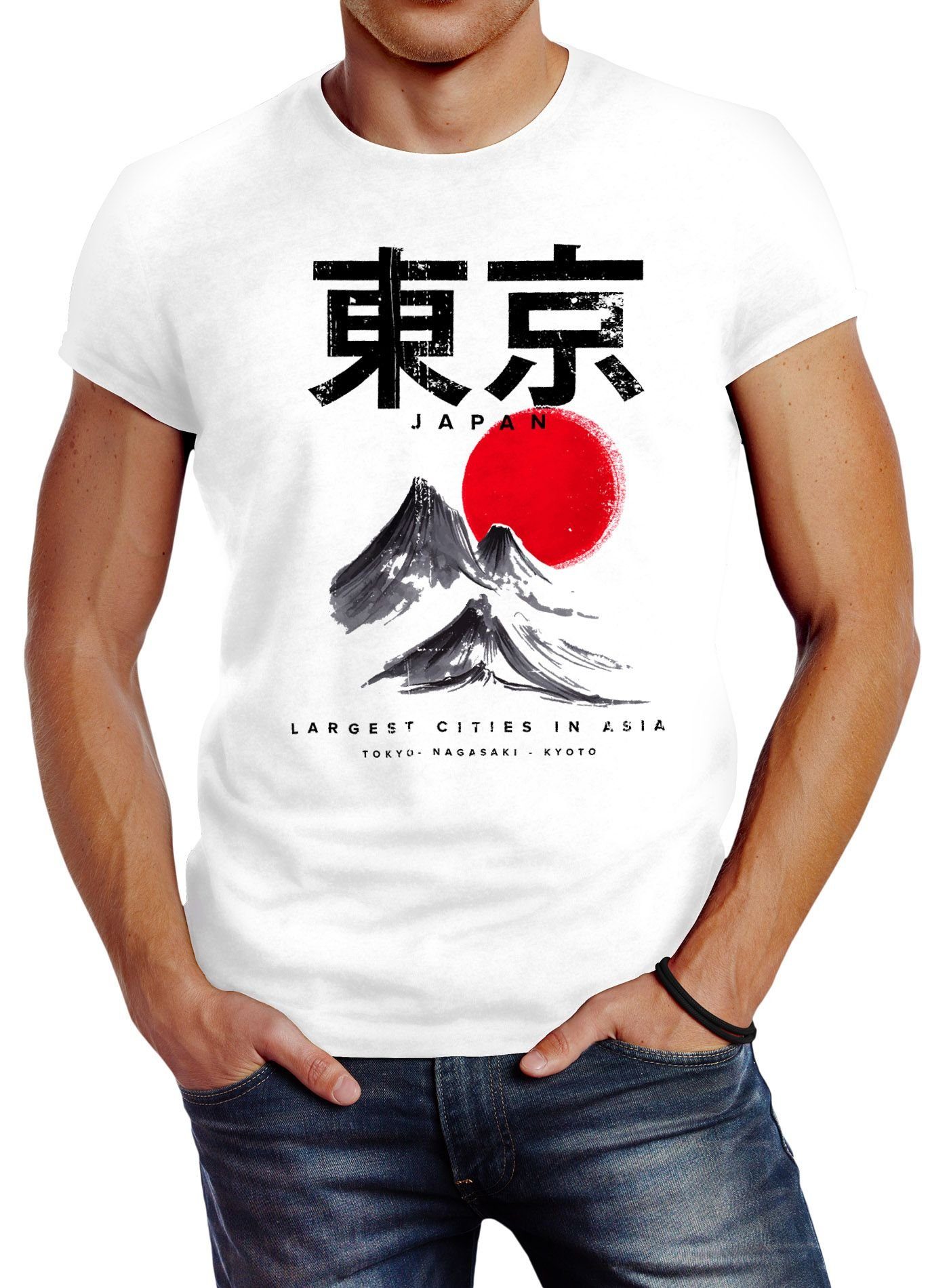Print-Shirt Neverless Fit Asia Tokyo Neverless® City Berge Herren mit Slim Japan Print Urban T-Shirt Kanji