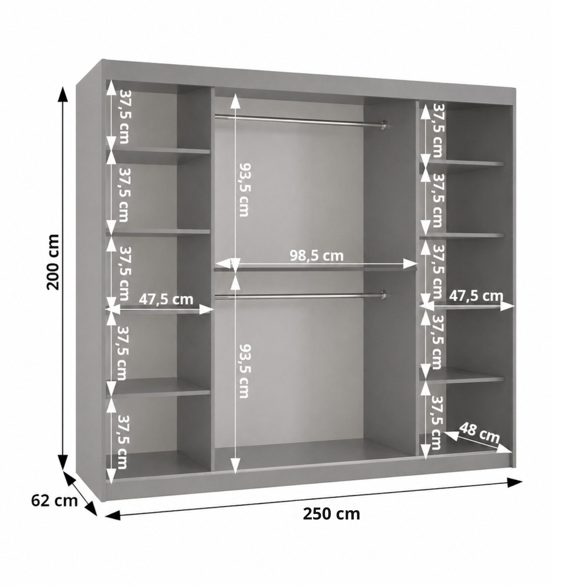 Home Collective Schwebetürenschrank Kleiderschrank Schrank Schlafzimmer Garderobe geräumig (erhältliche Breiten: 100cm, 120cm, 150cm, 180cm, 200cm, 250cm, Höhe 200 cm) 2 Türen,mit Einlegeböden und zwei Kleiderstangen wählbare Handgriffe