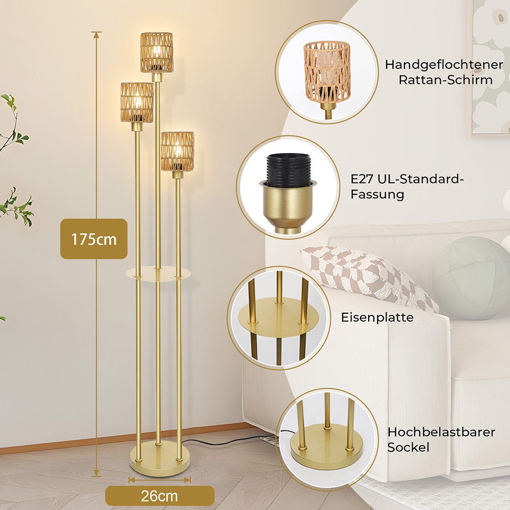 MUPOO Stehlampe Rattan Stehlampe Wohnzimmer,3-flammige Vintage günstig online kaufen